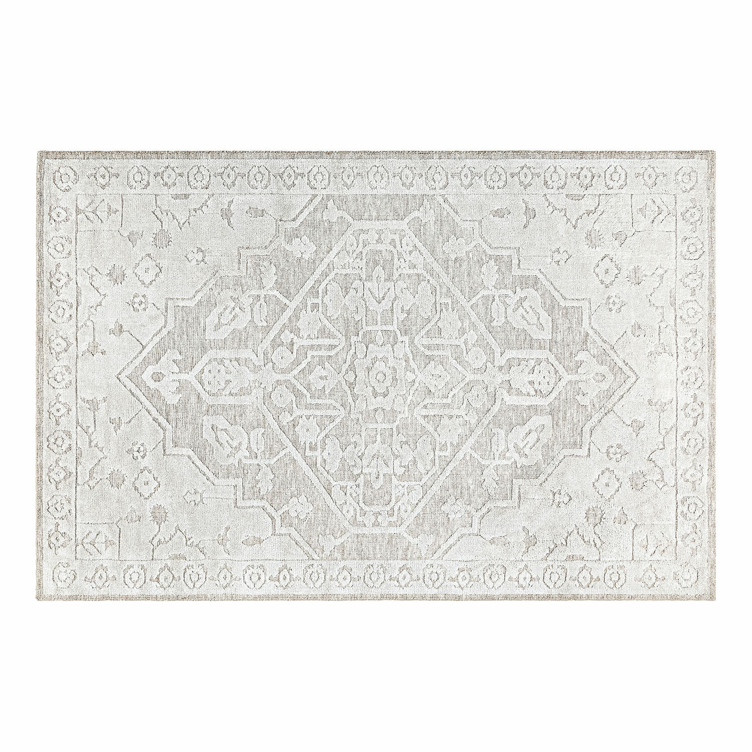 Alfombra vintage con diseño en tonos beige y crema, material suave, decoración para interiores