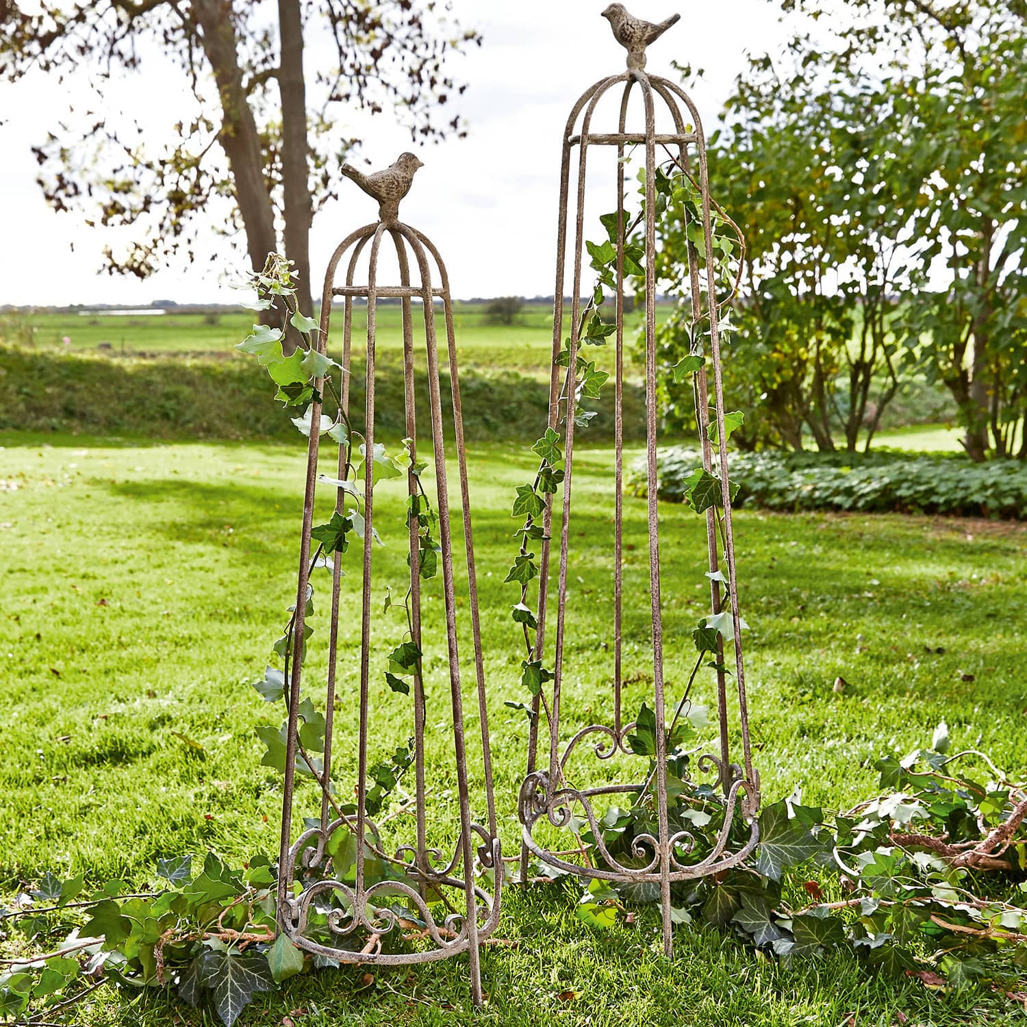 Set de 2 enrejados Orianne Obeliscos de jardín de metal con acabado oxidado y figuras de pájaros para plantas trepadoras