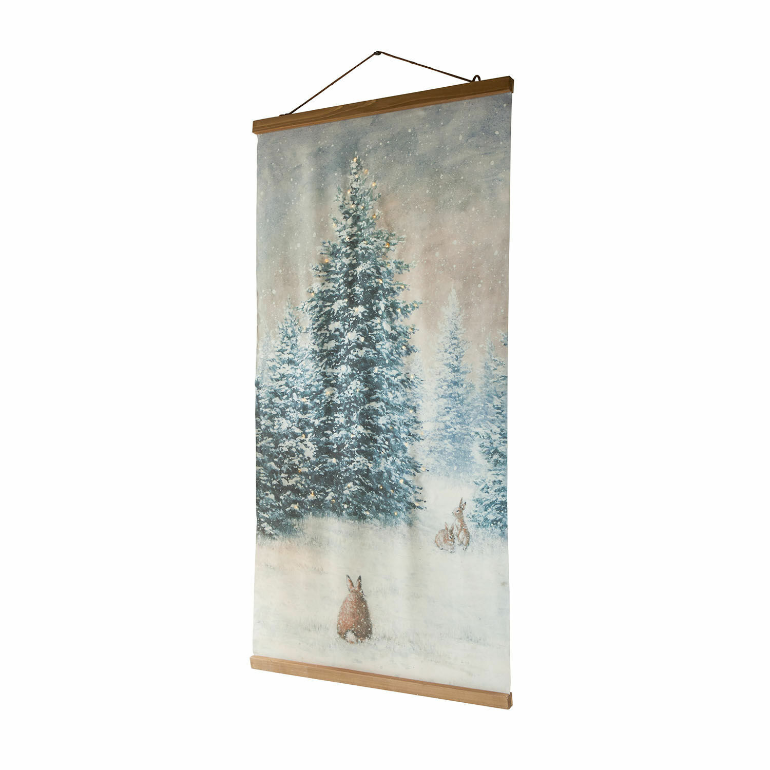 Cuadro LED Orpique Cuadro colgante con motivo invernal de árboles nevados y conejos en tela con marco de madera
