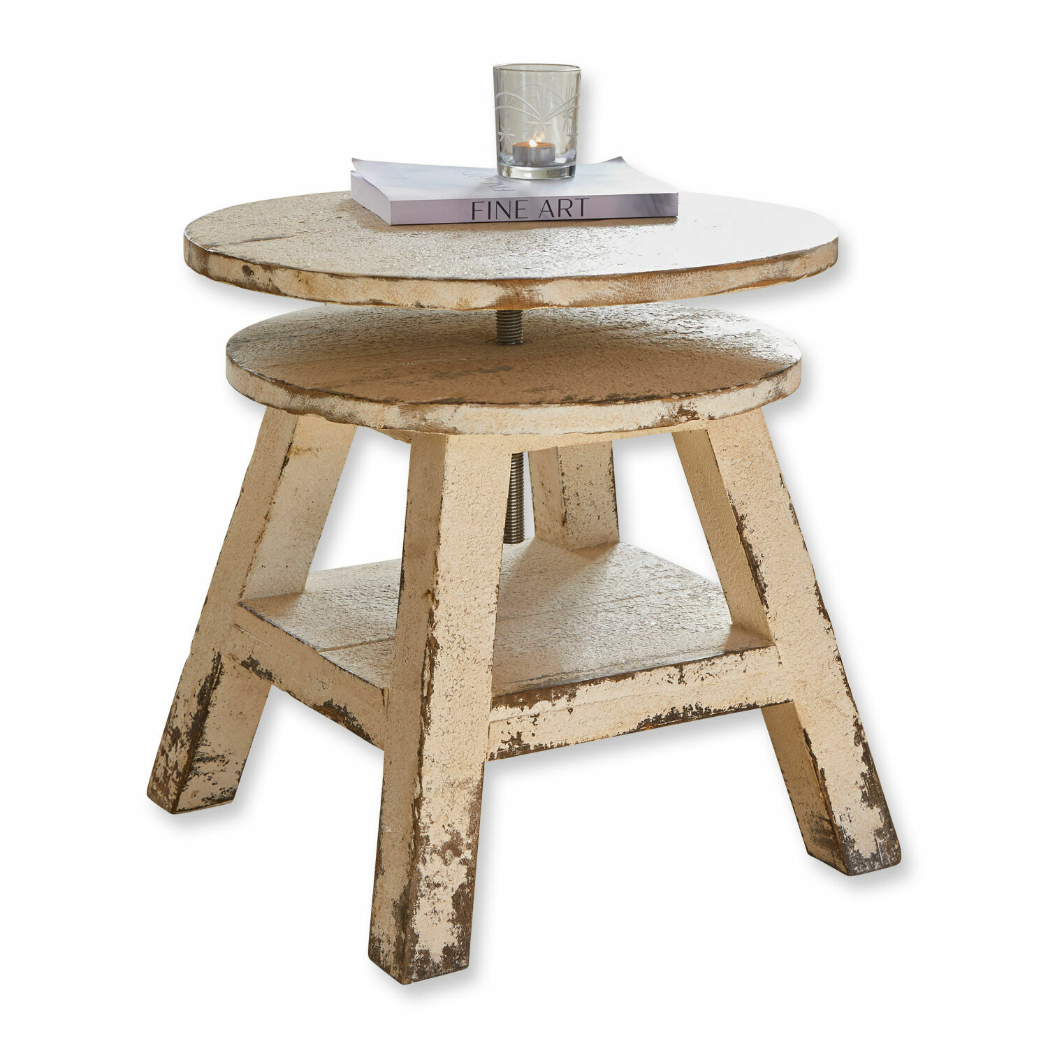 Mesa auxiliar Commeren Mesa redonda ajustable de metal beige envejecido, perfecta para salón de estilo industrial