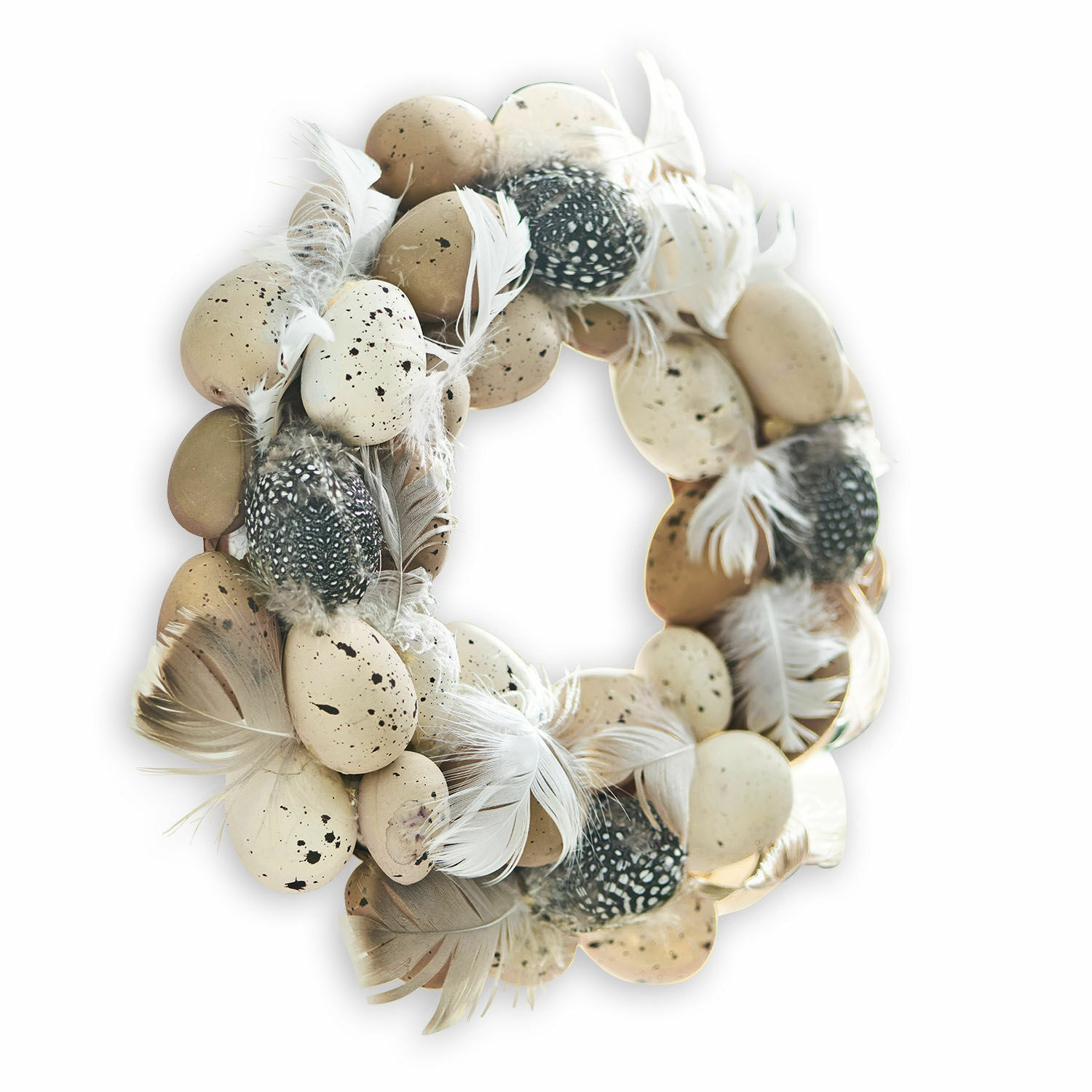 Corona con huevos Harera Corona decorativa con plumas beige y negras y huevos artificiales, estilo natural primaveral
