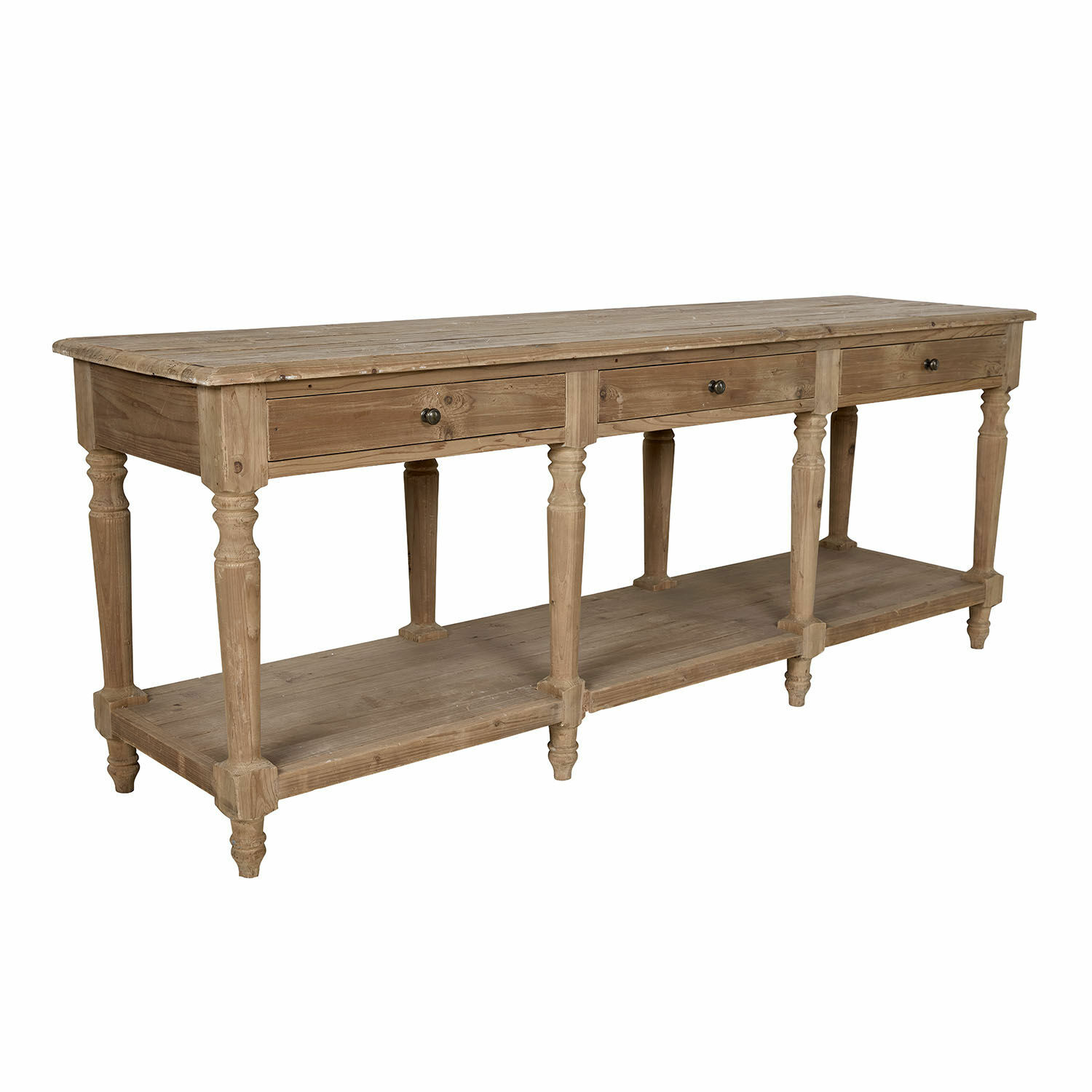 Consola Misérieux Mesa consola de madera natural con tres cajones y estante inferior funcional