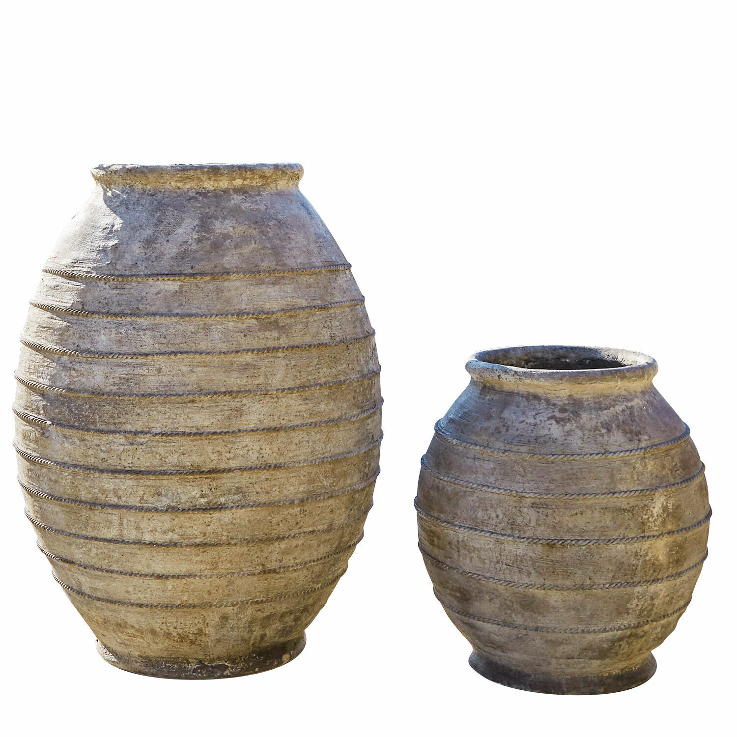 Set de 2 tinajas Aulan Dos grandes jarrones de cerámica gris con bandas horizontales decorativas, decoración de jardín