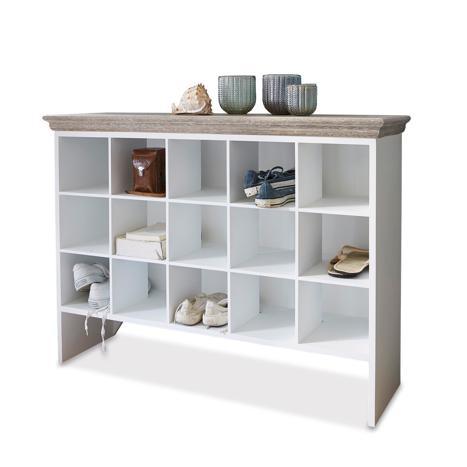 Mueble zapatero Bobigny Zapatero blanco de madera con 16 compartimentos y tapa de madera, mueble práctico para el recibidor