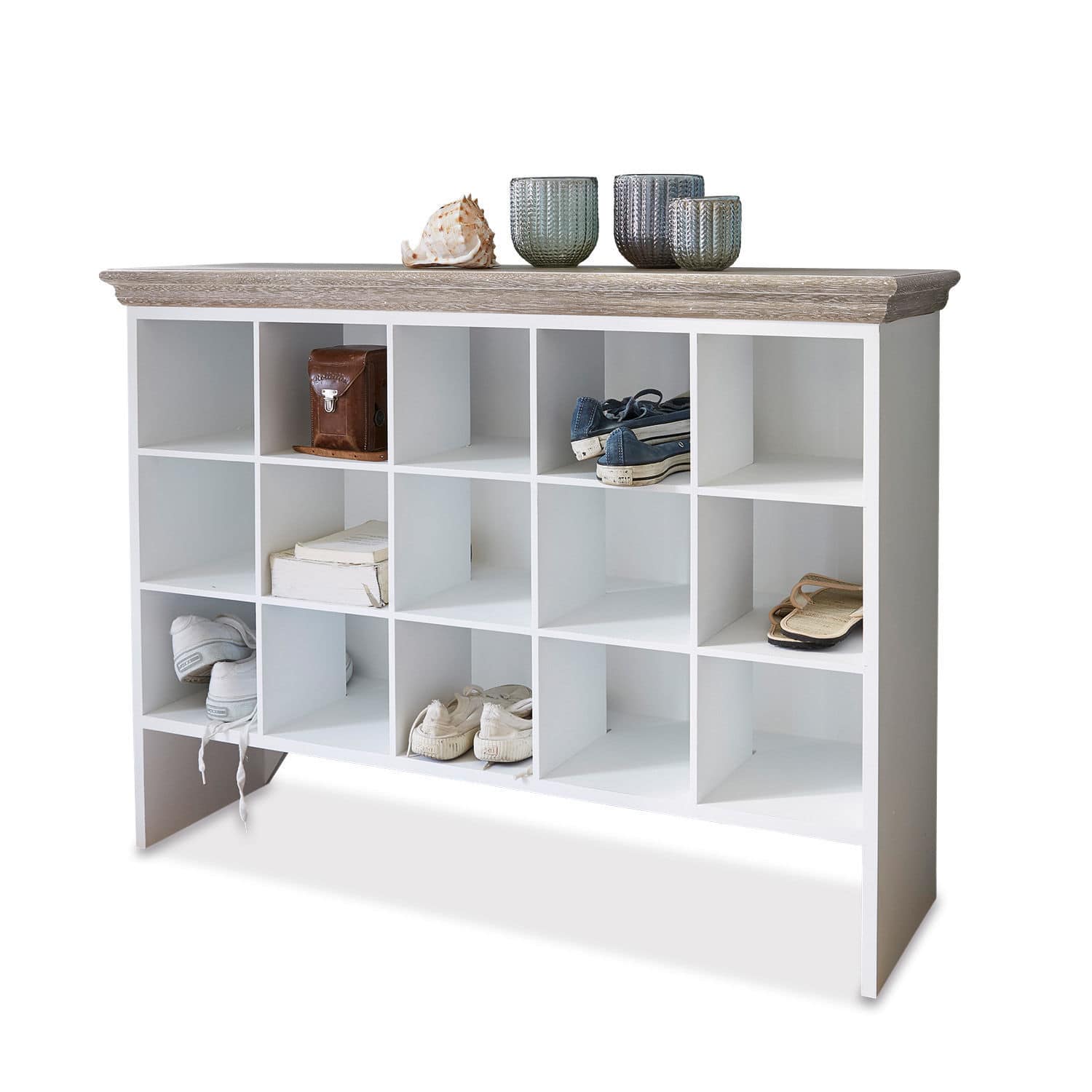 Mueble zapatero Bobigny Zapatero blanco de madera con 16 compartimentos y tapa de madera, mueble práctico para el recibidor