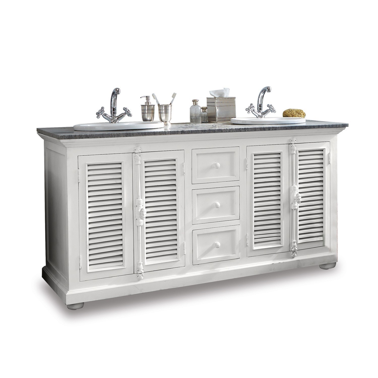Lavabo doble South Paris Mueble de baño blanco de madera con dos lavabos y cajones para accesorios de baño