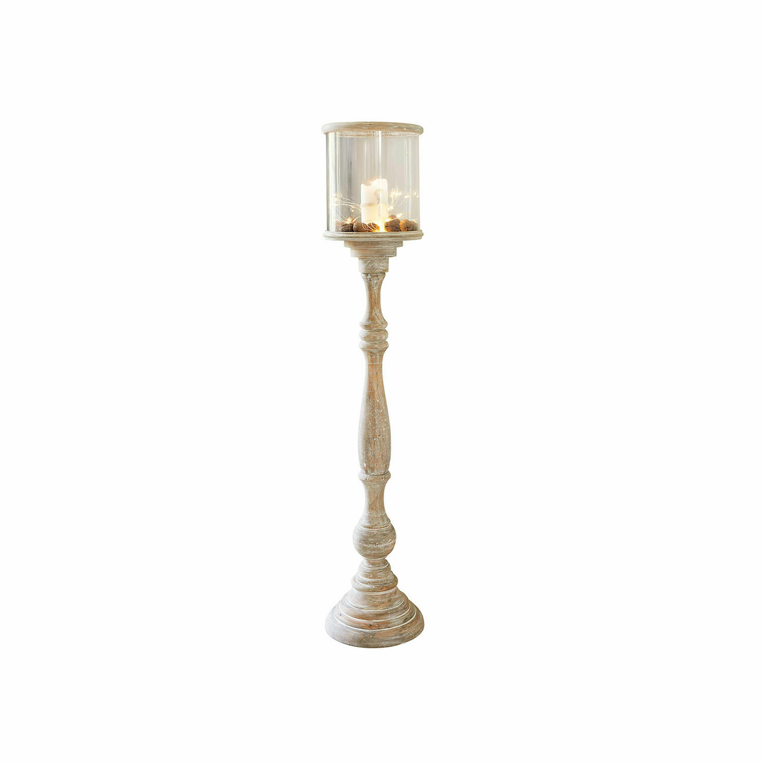 Portavelas Passion Candelabro de madera con pantalla transparente y nueces decorativas en color natural