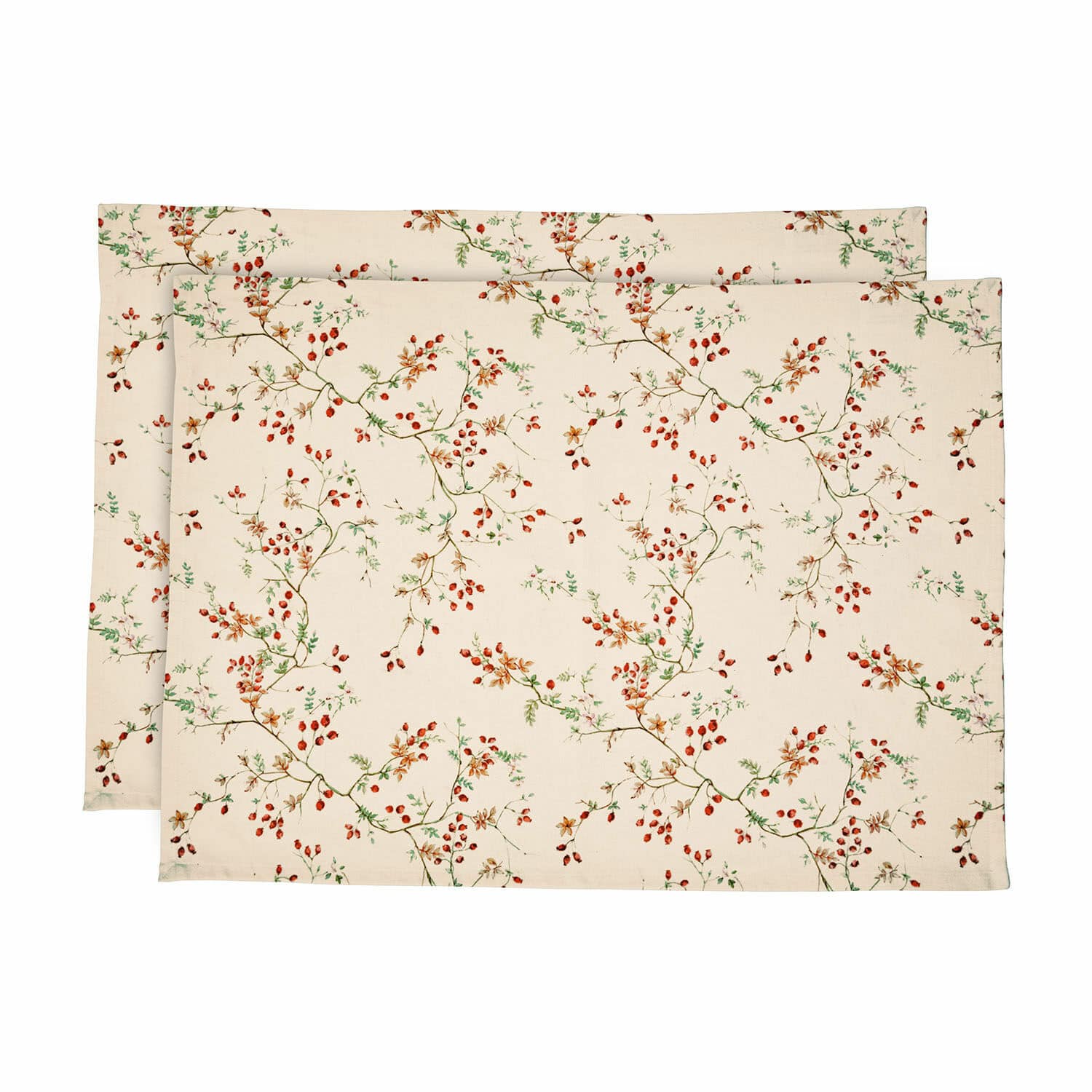 Set de 2 paños de cocina Mauriac Juego de dos manteles individuales de algodón color crema con diseño de bayas rojas y ramas verdes para mesa