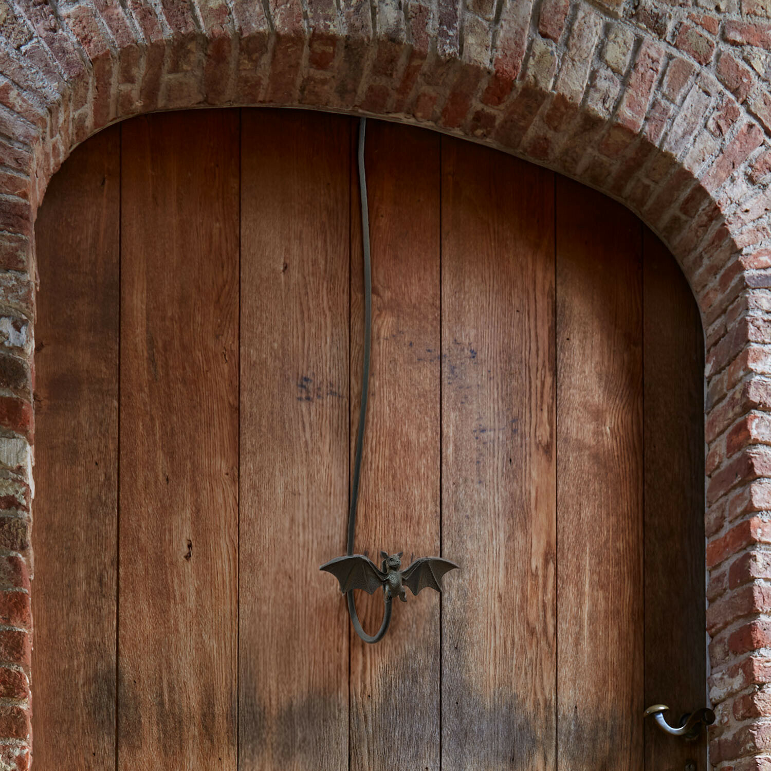 Puerta de madera con arco de ladrillo y pomo metálico con forma de murciélago estilo vintage