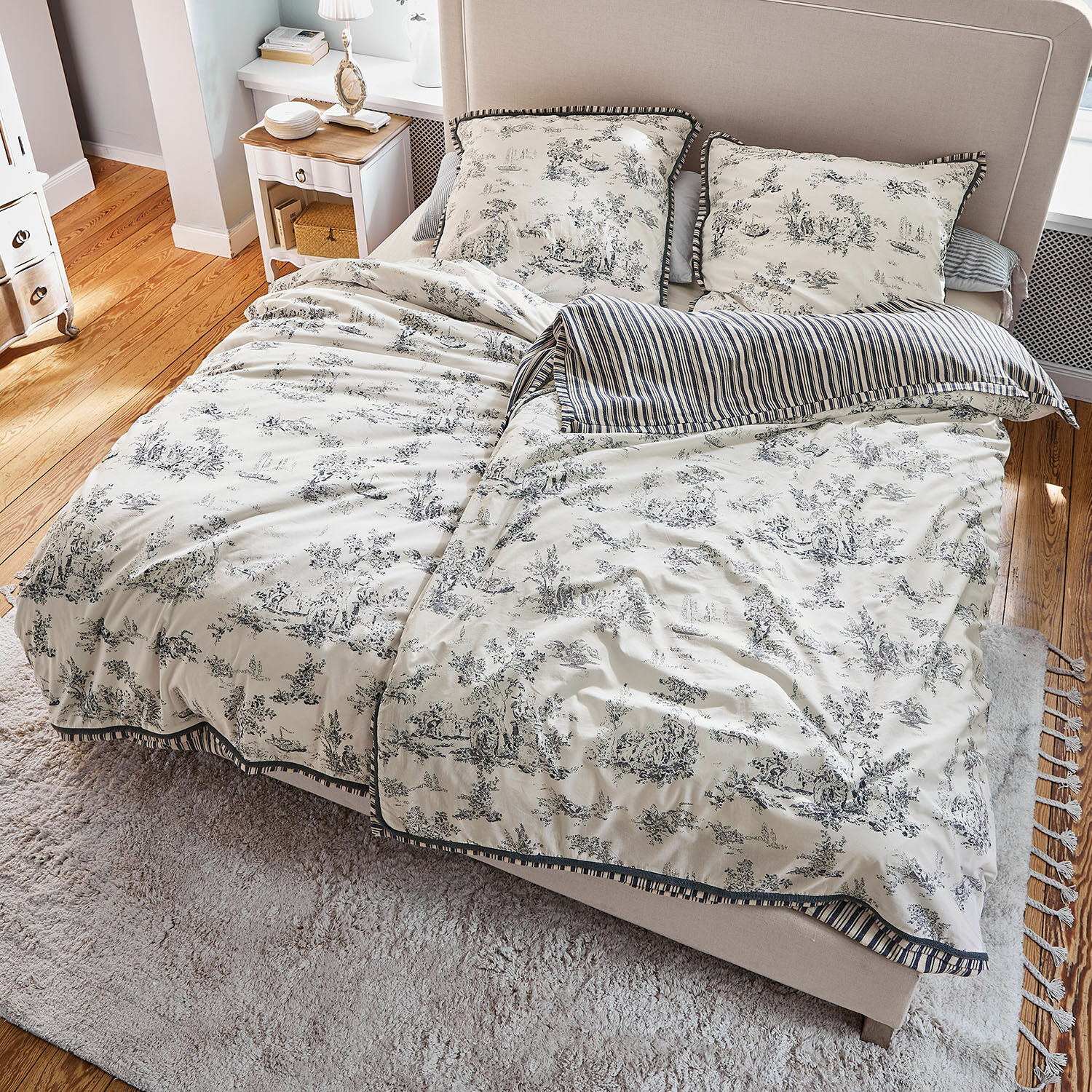 Ropa de cama Felencio Juego de ropa de cama de algodón crema con estampado negro y rayas, estilo vintage para dormitorio