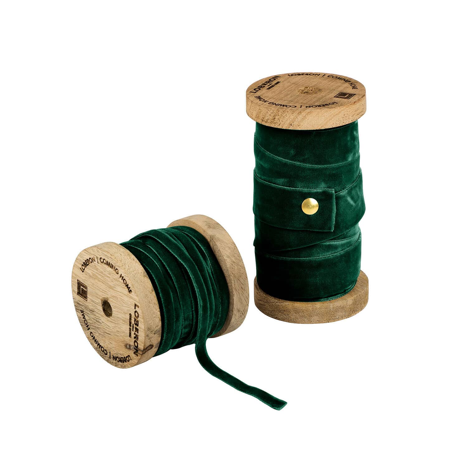 Set de dos cintas de terciopelo verde oscuro en carretes de madera para decoración y manualidades