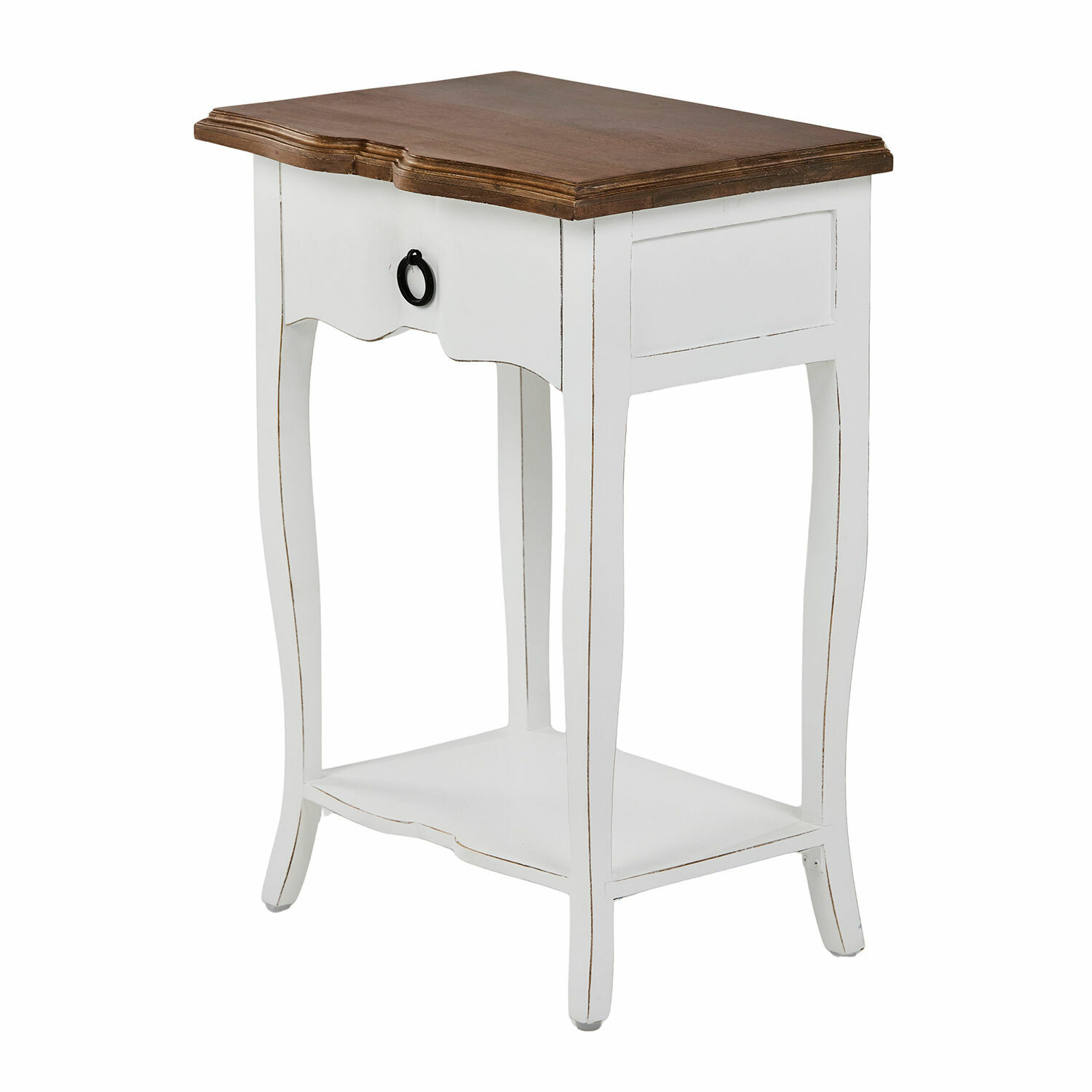 Mesa auxiliar Finstock Mesa auxiliar blanca de madera con tablero marrón y estante, mueble vintage para salón