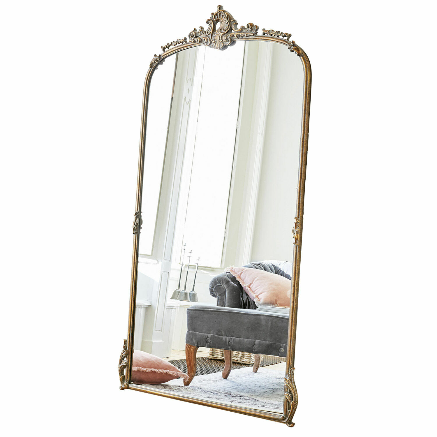 Espejo Choni Espejo de pie grande con marco dorado decorativo, estilo vintage para salón elegante