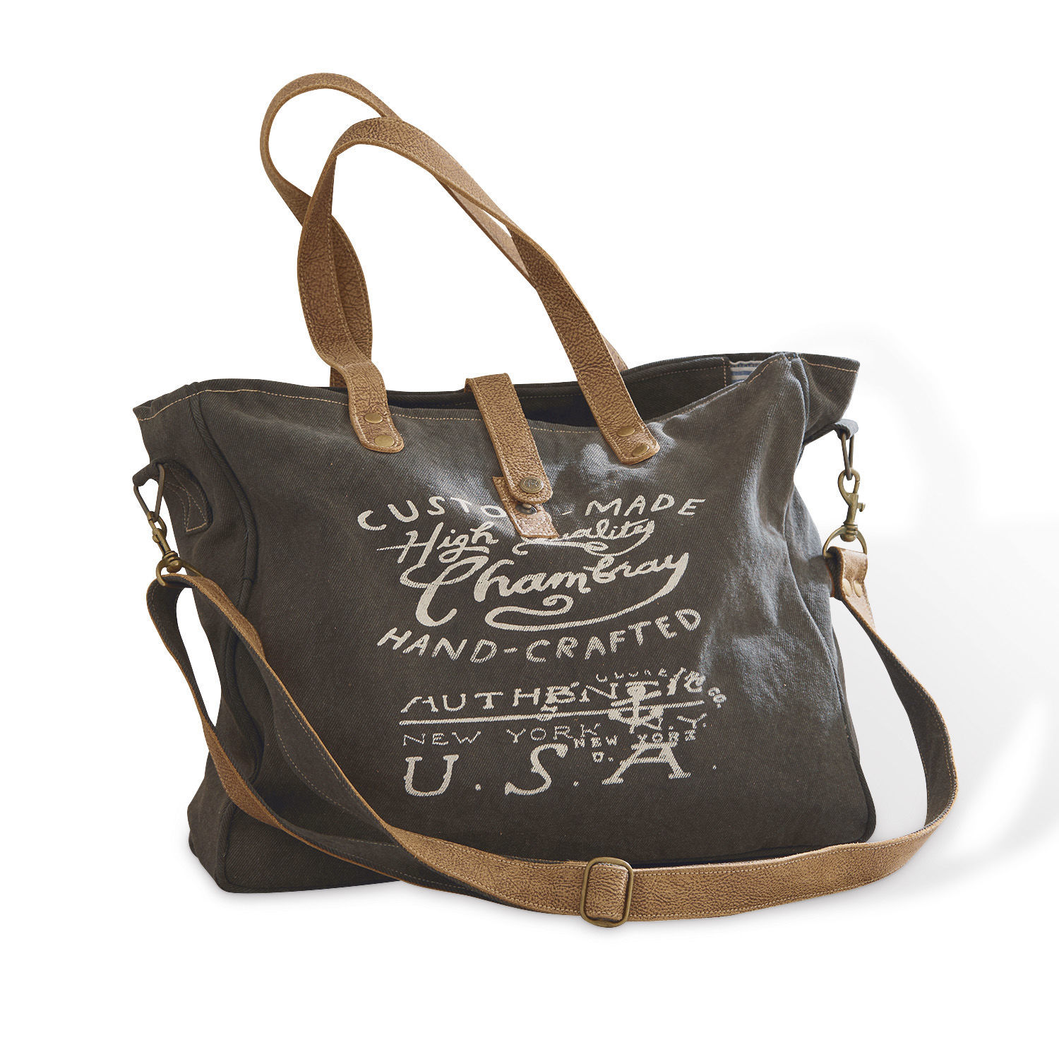 Bolso Kamjenia Bolsa de tela gris oscuro con asas marrón claro y estampado vintage en el frente