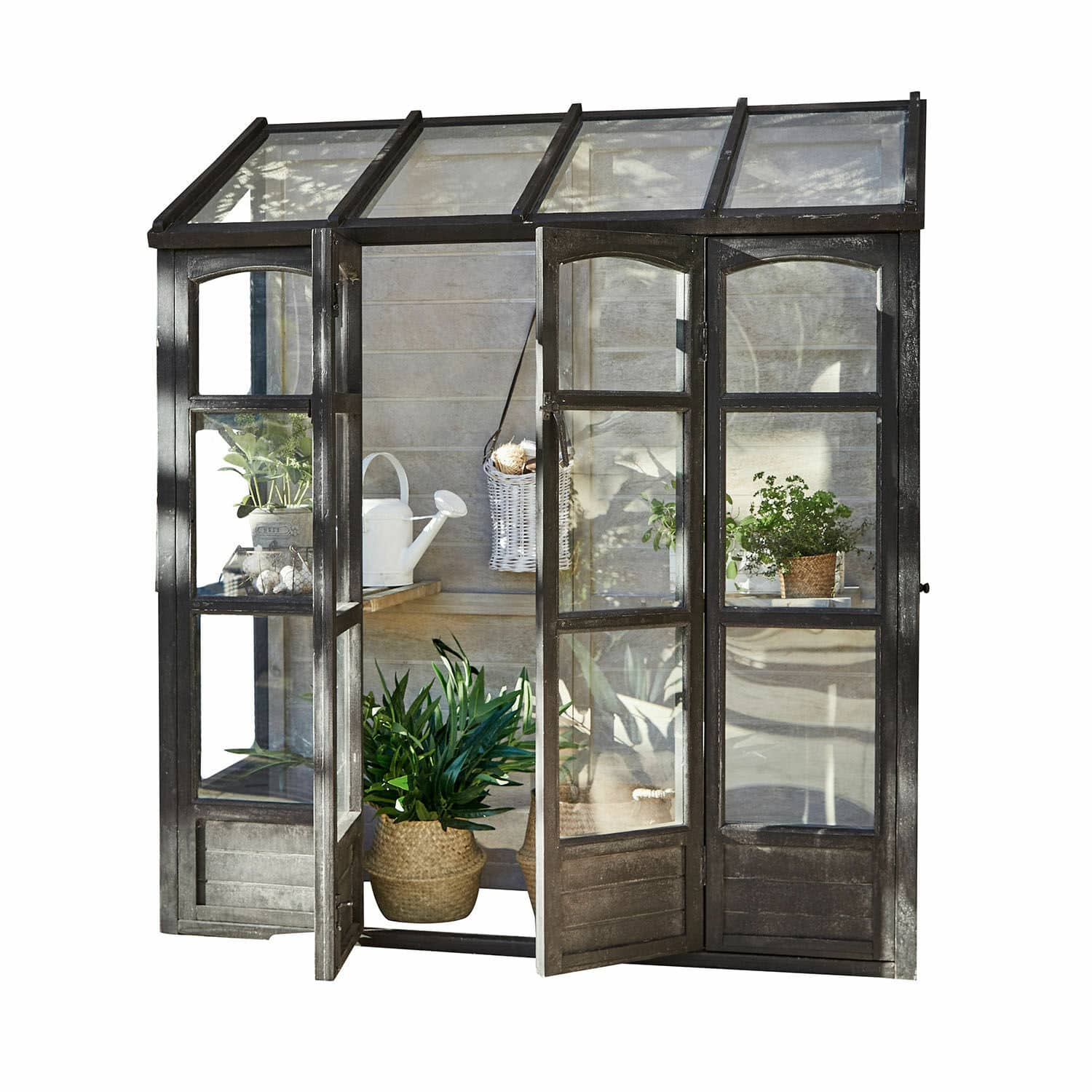 Invernadero Abilenne Invernadero de jardín de metal negro con estantes y plantas, ideal para cultivar hierbas y flores