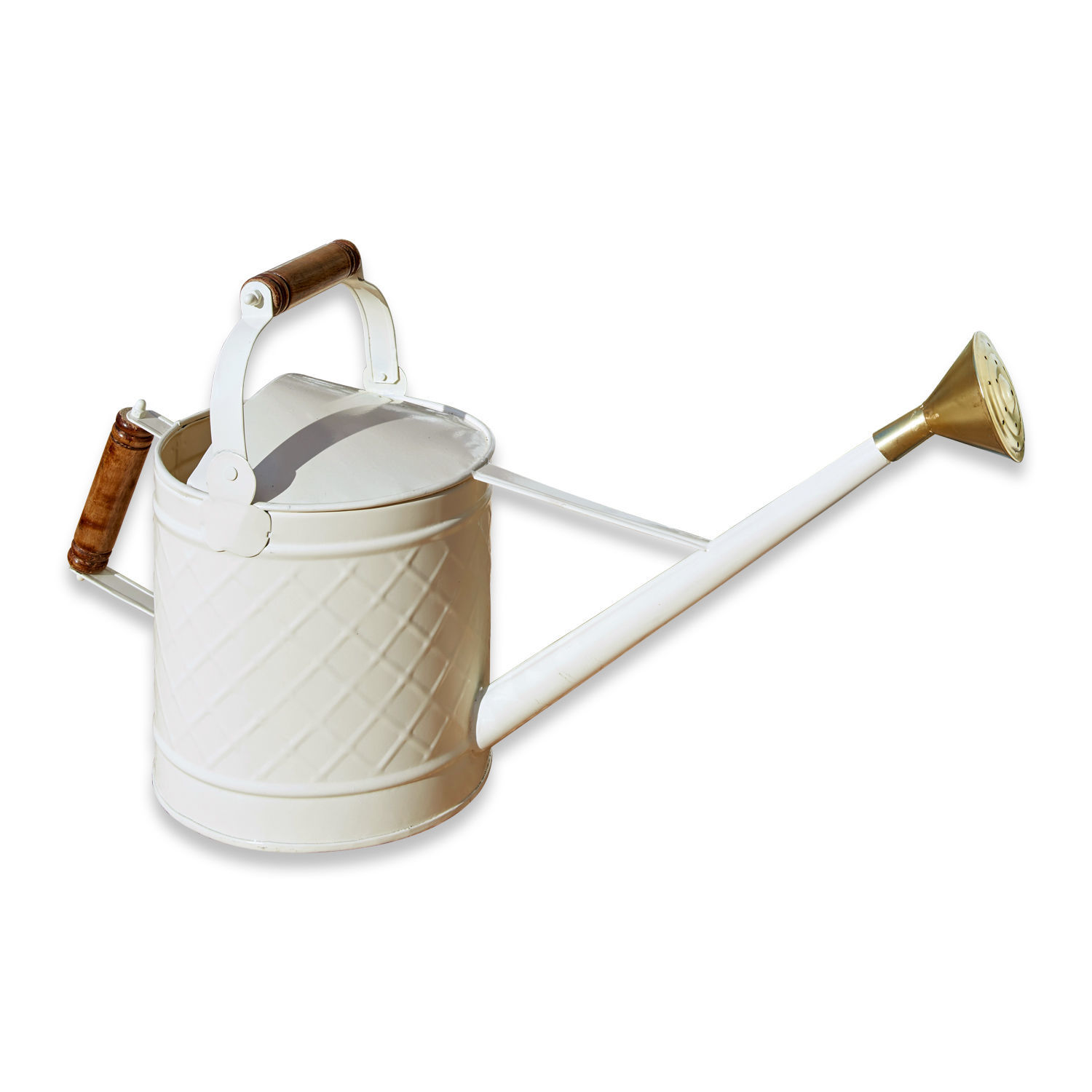 Regadera Royo Regadera metálica blanca con asas de madera y boquilla de latón para riego de jardín