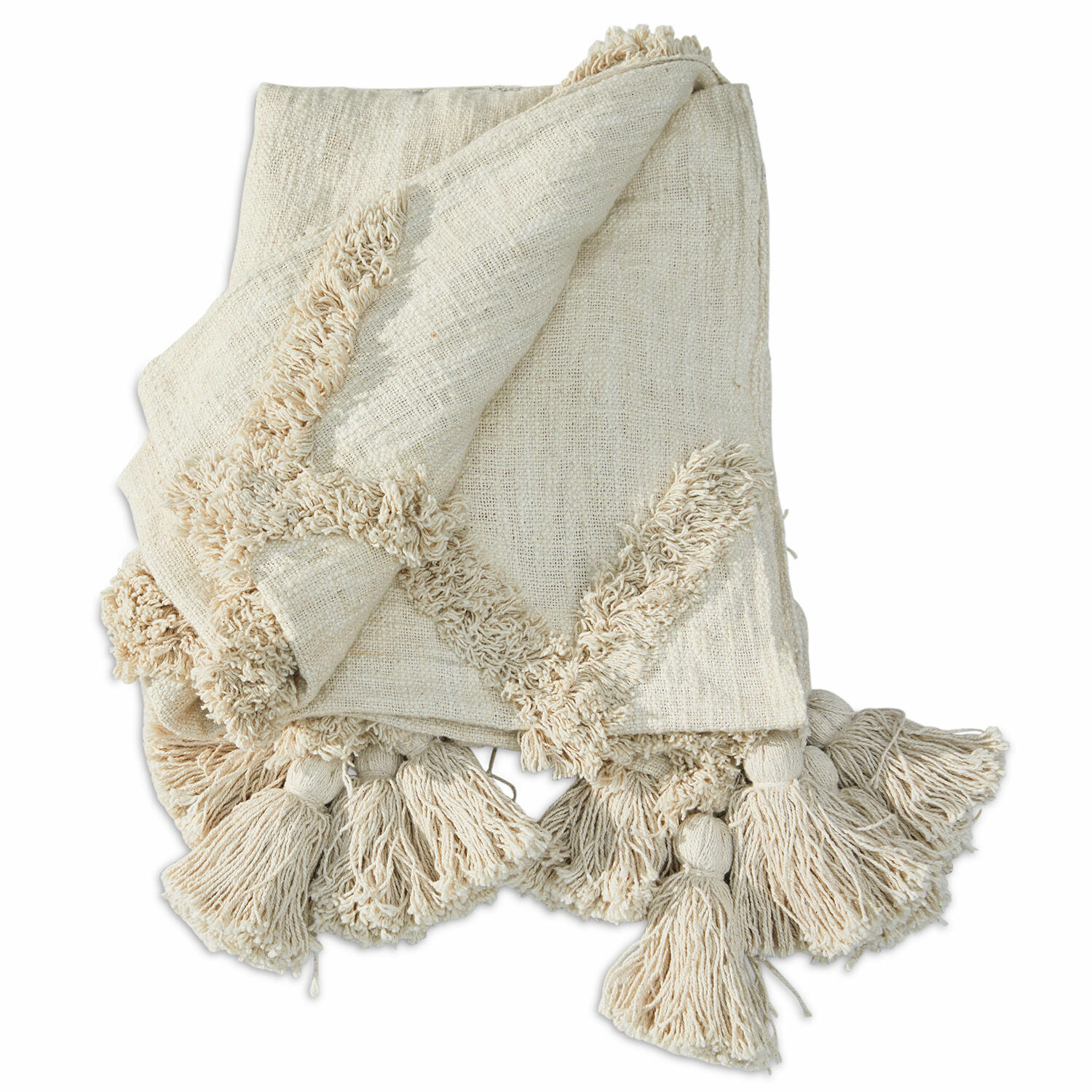 Plaid Linares Manta beige de algodón con flecos, suave y decorativa, ideal para salón y dormitorio