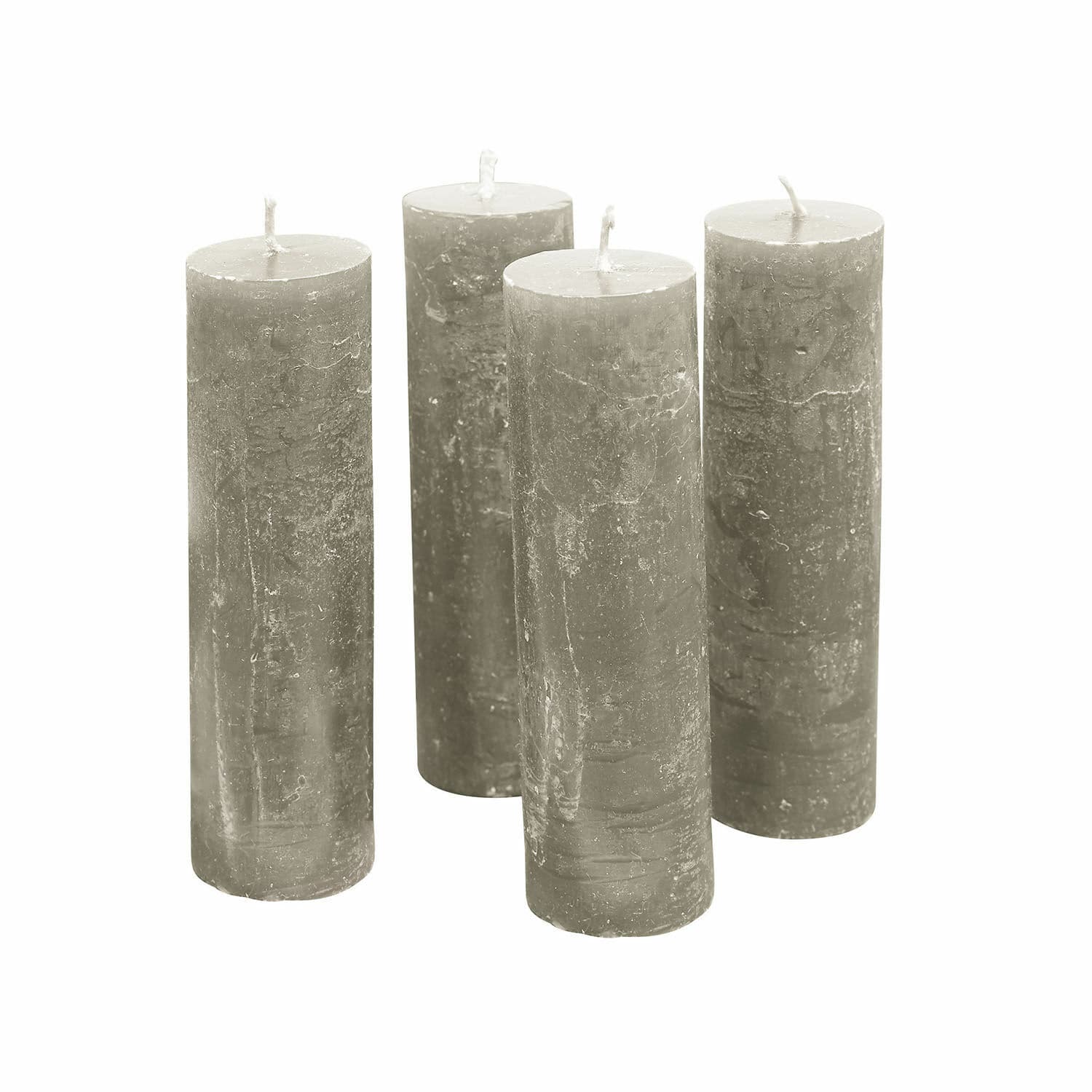 Set de 4 velas Muriel Conjunto de cuatro velas de cera gris con textura rústica para decoración del hogar