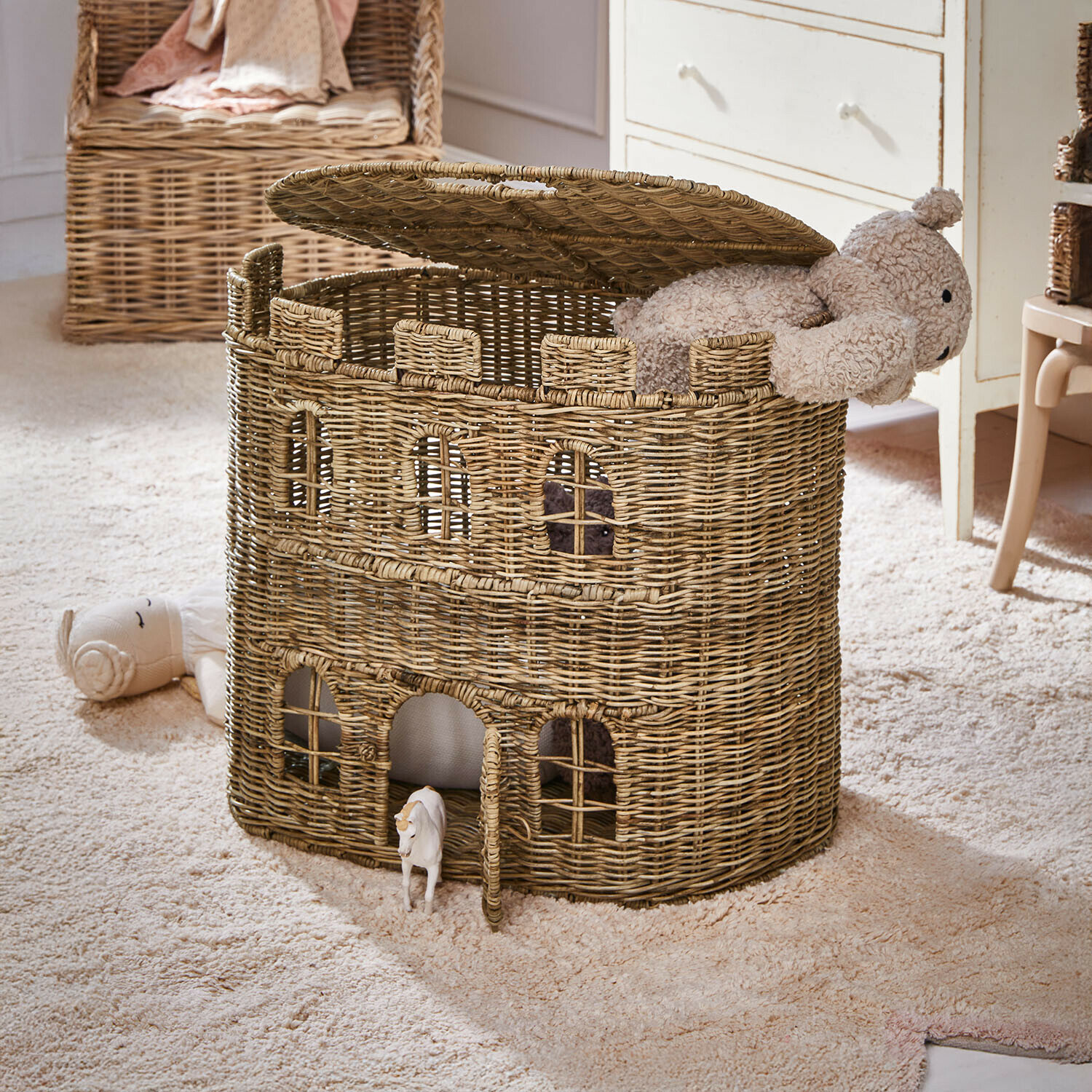 Cesta de almacenamiento de ratán en forma de castillo con juguetes, color natural, organizador práctico para habitación infantil