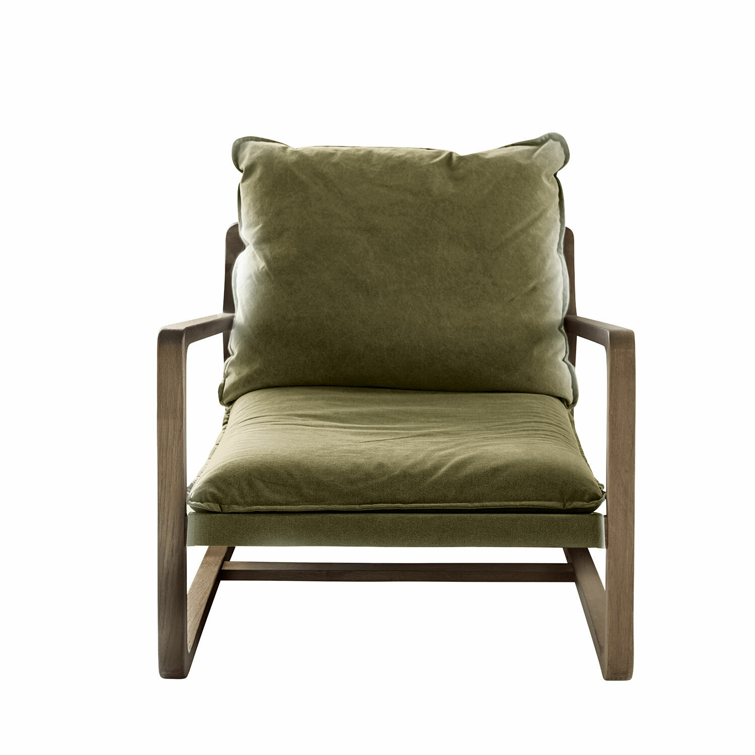 verde/marrón Sillón Jowna verde de tela con estructura de madera marrón, diseño moderno y cómodo