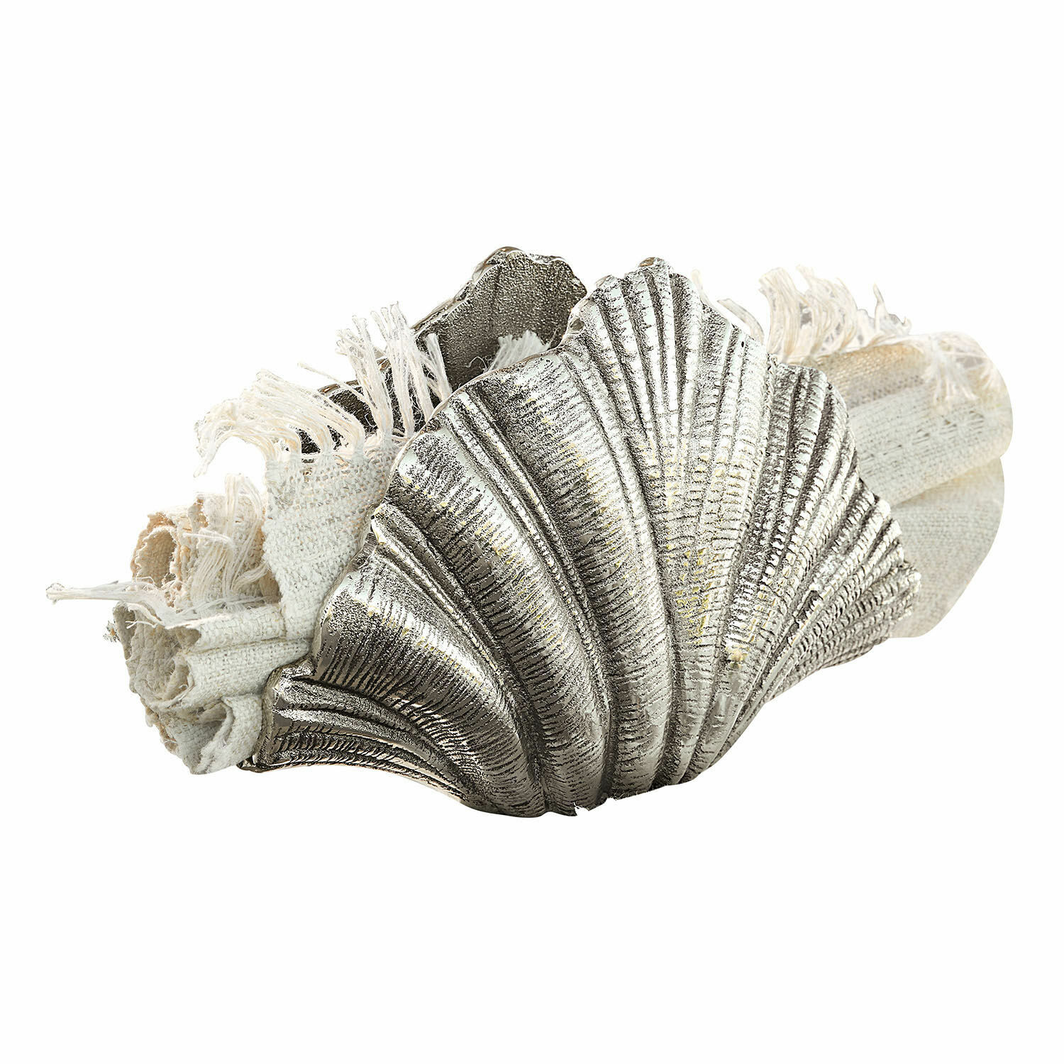 Objeto decorativo Montarel Anillo de servilleta metálico plateado con forma de concha y servilleta de lino blanca