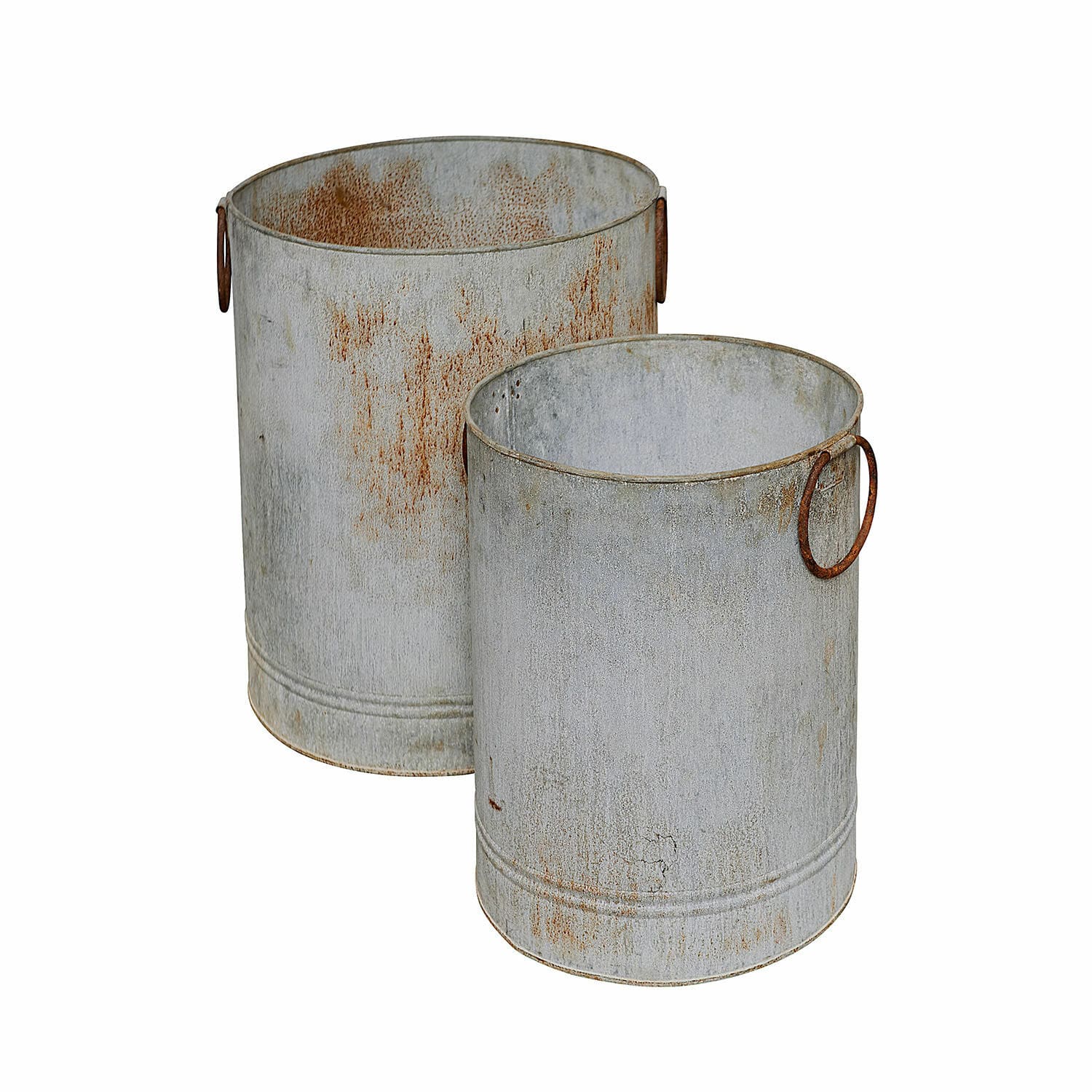 Conjunto de dos cubos metálicos grises con óxido y asas, decoración vintage para hogar y jardín