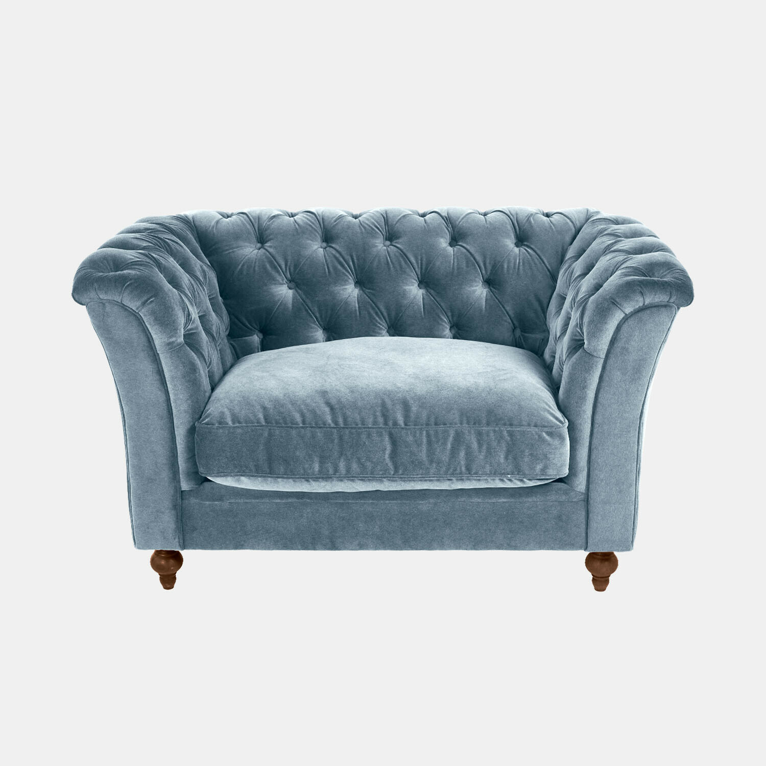 azul Sofá azul de terciopelo con respaldo capitoné y patas de madera, mueble cómodo para salón