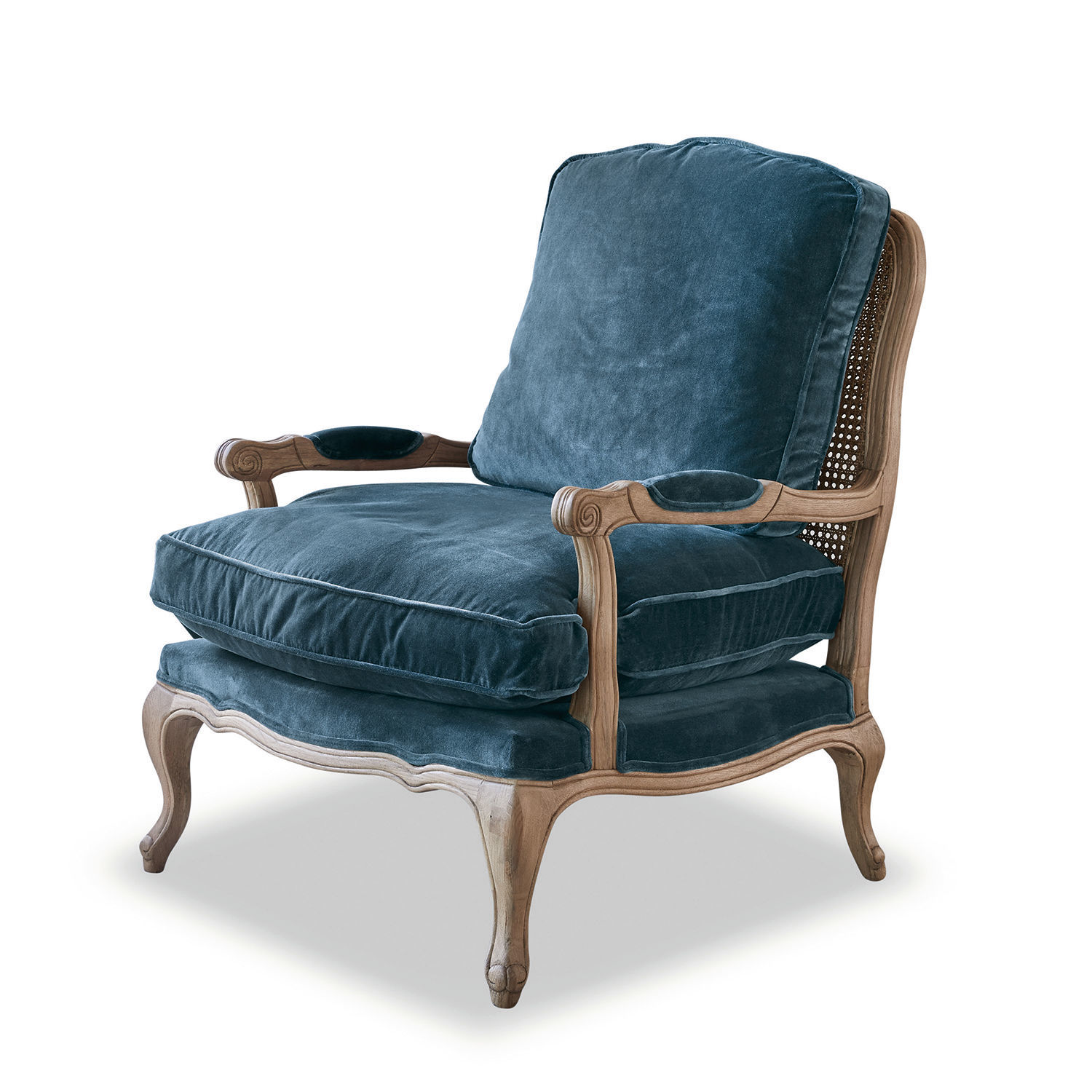 Sillón Corlay Sillón elegante con estructura de madera y cojines de terciopelo azul para sala de estar