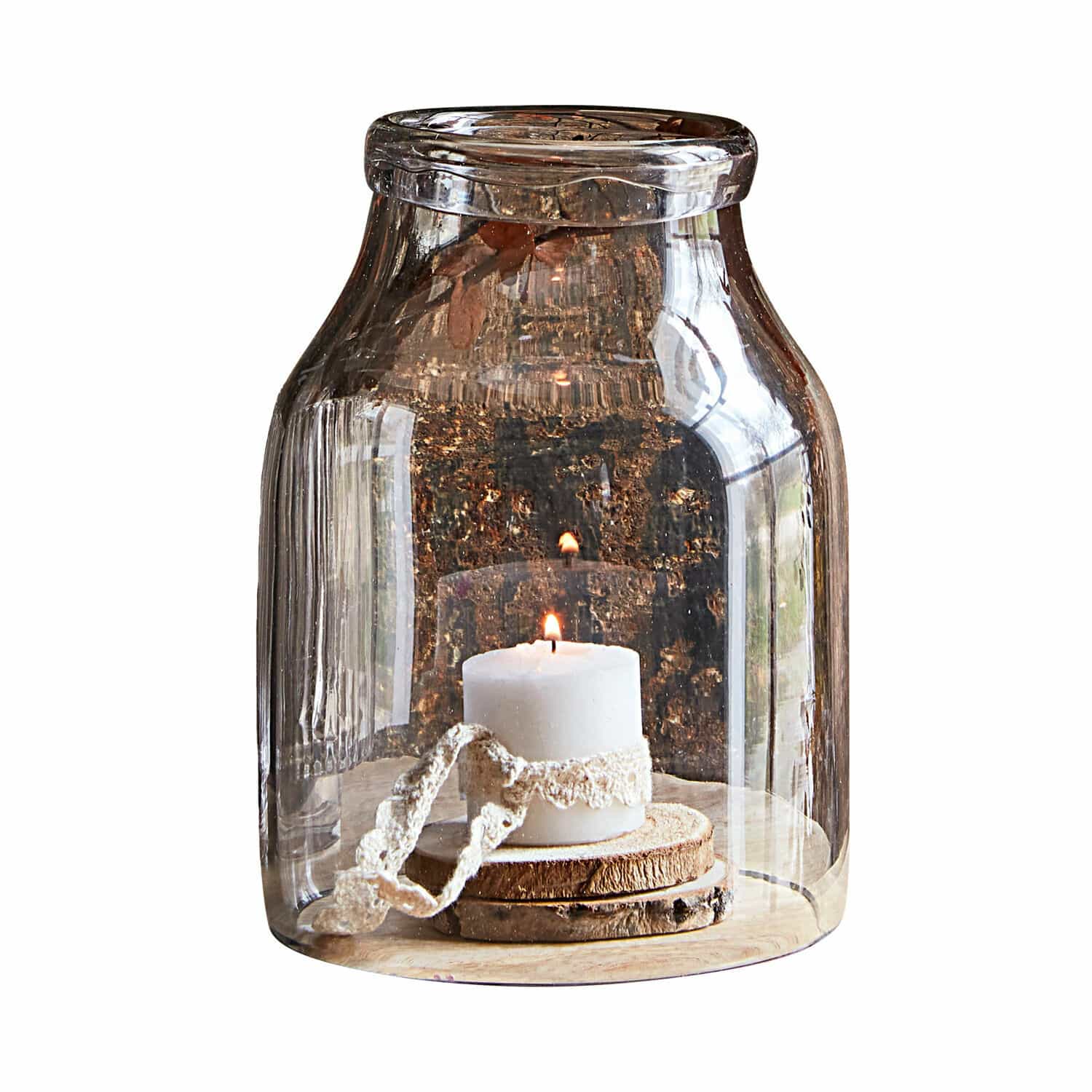 Linterna Gwen Farol de vidrio transparente con vela blanca y base de madera para decoración interior