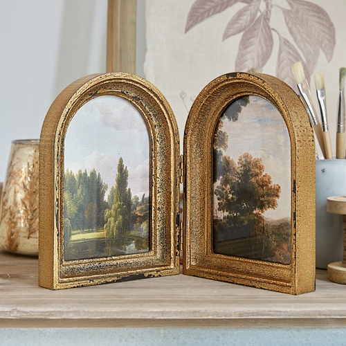 Marco de fotos dorado plegable con paisaje, decoración vintage para mesa