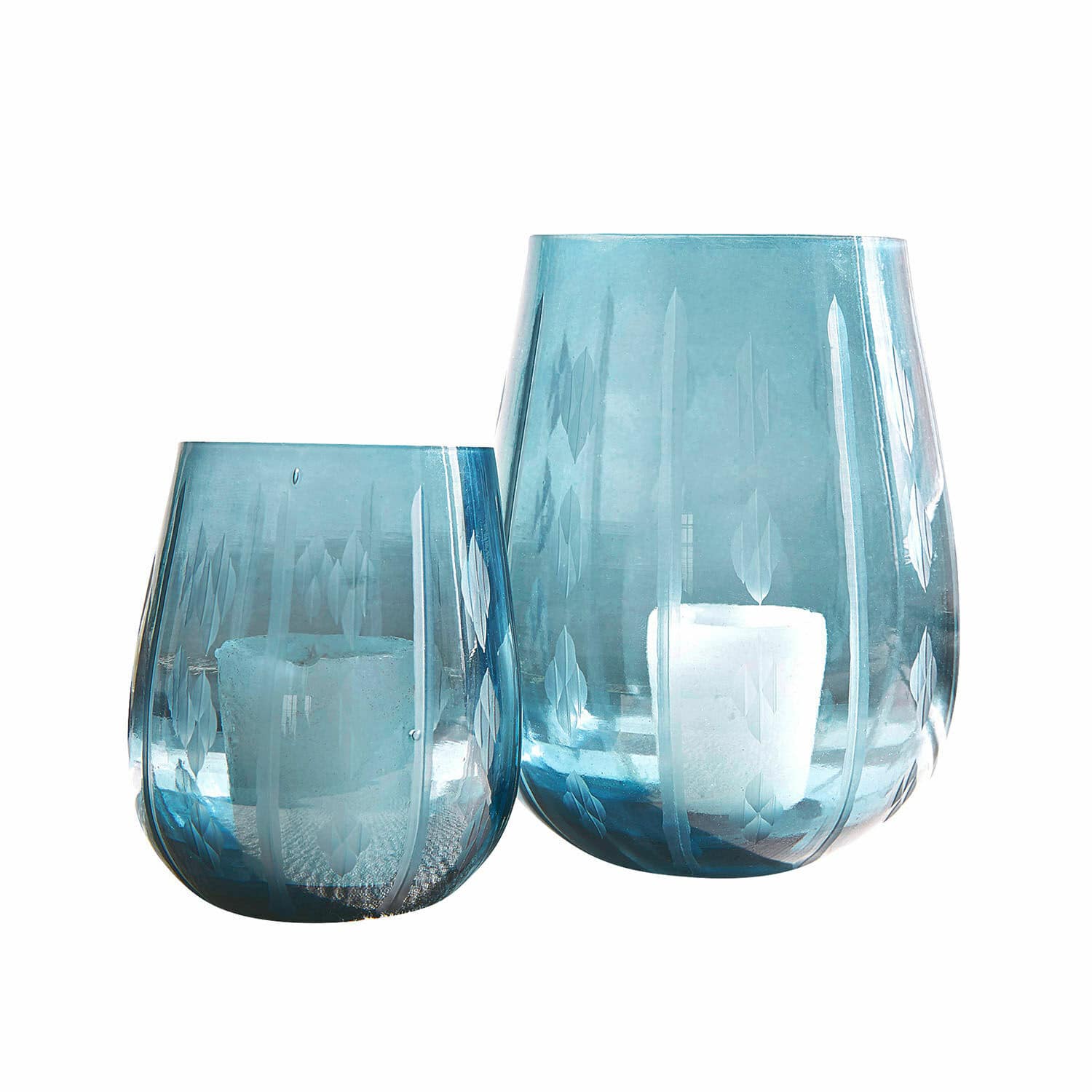 Set de 2 farolillos Danisar Dos portavelas de vidrio azul con diseño grabado de hojas, decoración para interiores