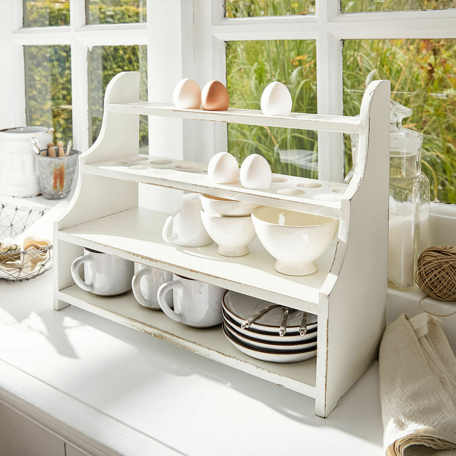 Organizador Pervina Estante de cocina de madera blanca con espacio para huevos, tazas y platos, estilo rústico
