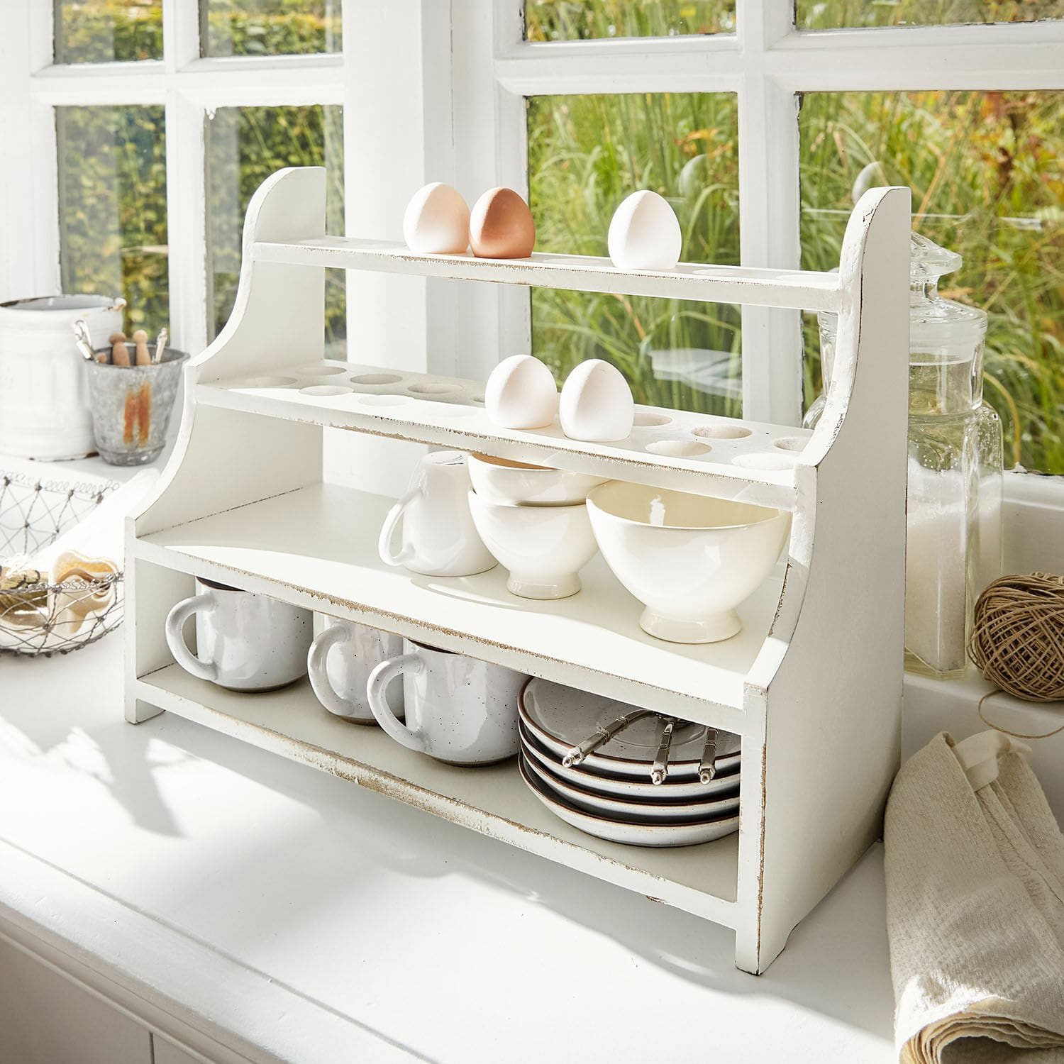 Organizador Pervina Estante de cocina de madera blanca con espacio para huevos, tazas y platos, estilo rústico