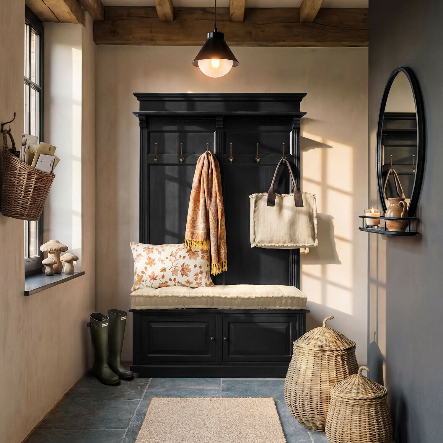 Recibidor perchero Eldwin Mueble de entrada negro de madera con asiento y ganchos en recibidor acogedor con detalles naturales
