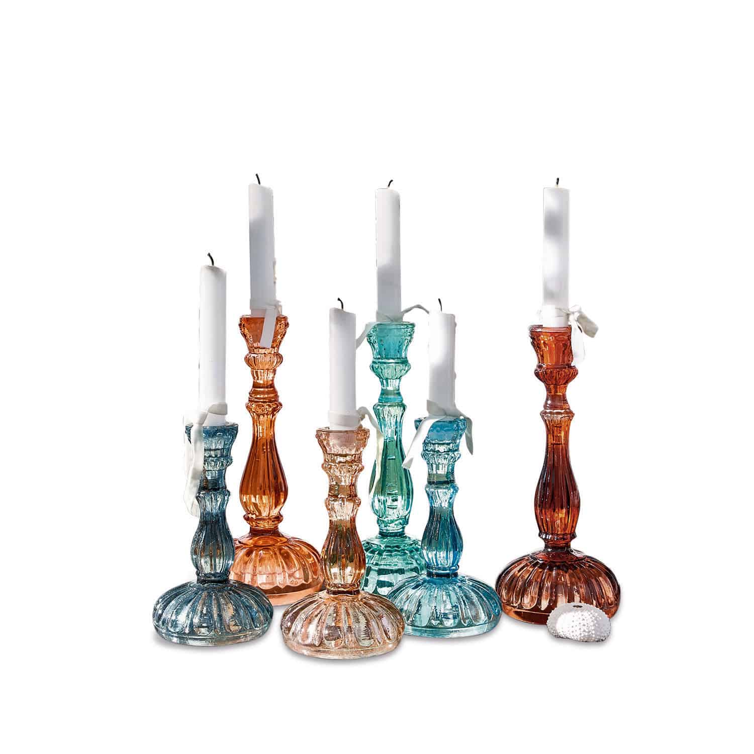 Set de 6 candeleros Indre Conjunto de candelabros de vidrio de colores con velas blancas, decoración vintage para interiores
