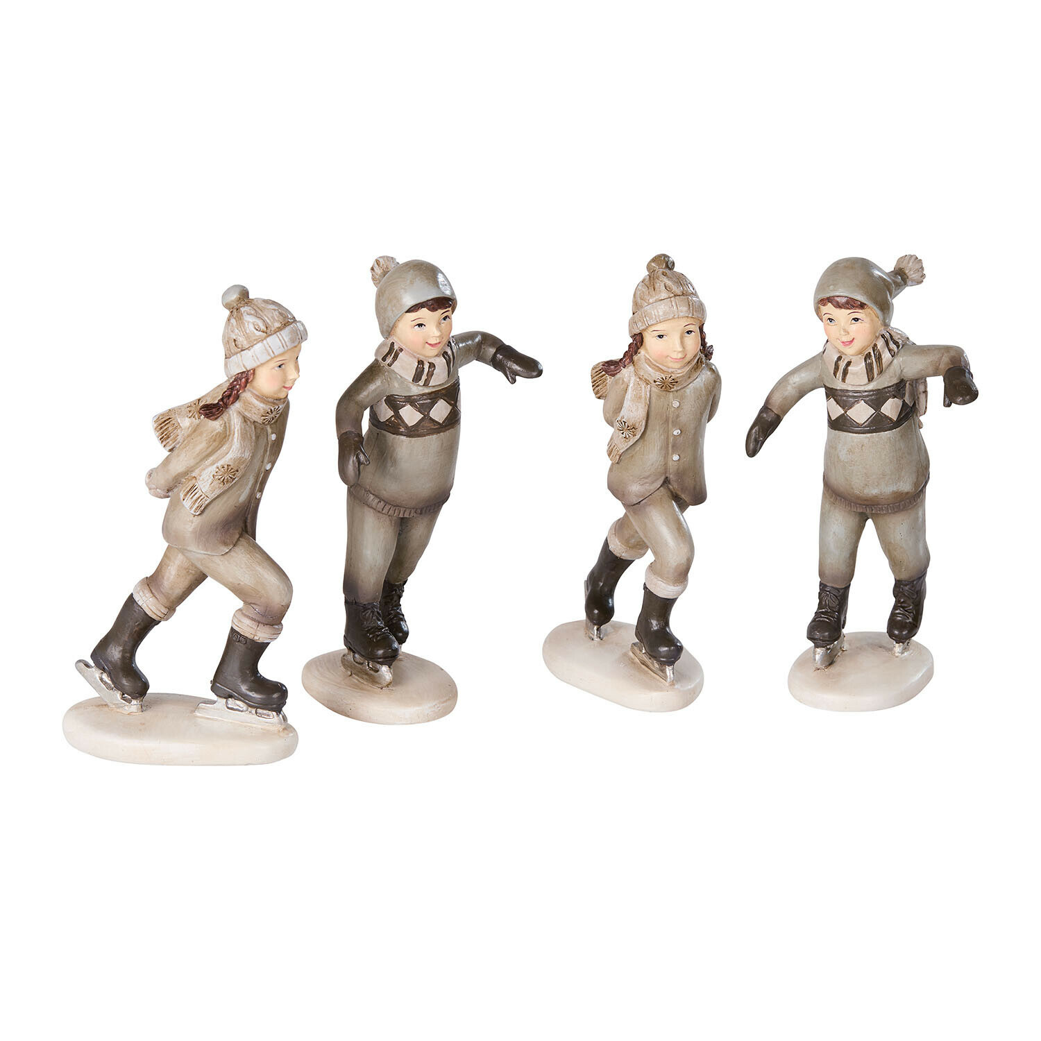 Set de 4 figuras Mériot Figuras de cerámica de niños patinando con ropa beige y marrón, decoración invernal