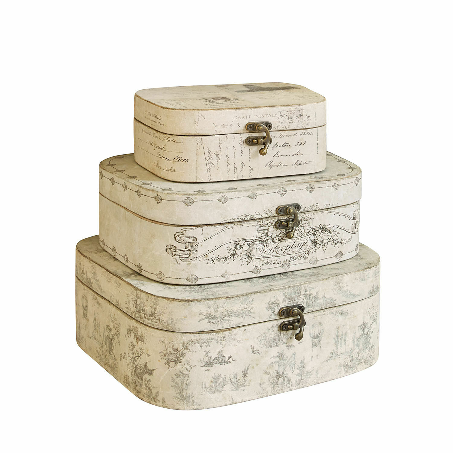 Set de 3 cajas Dedwen Conjunto de tres cajas decorativas crema con cierres metálicos y diseños vintage para almacenamiento