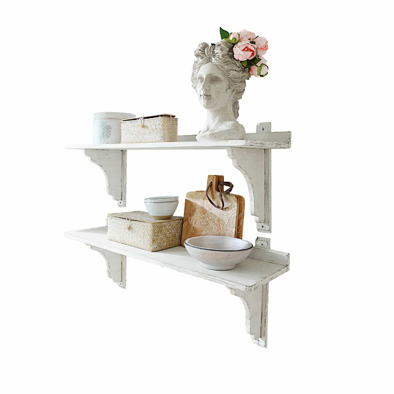 Set de 2 estantes de pared Yvelique Estantes de madera blancos con objetos decorativos y cuencos de cerámica para interiores.