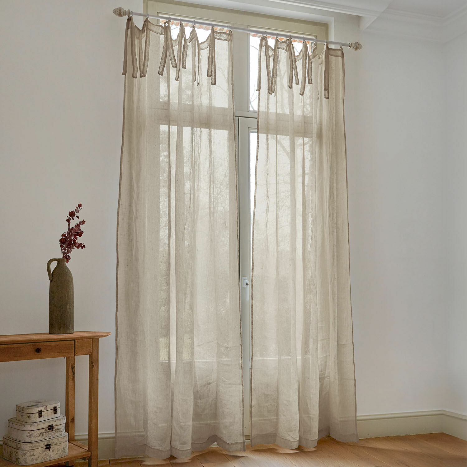Cortina beige de lino con lazos atados, tela ligera para decoración de ventanas en sala