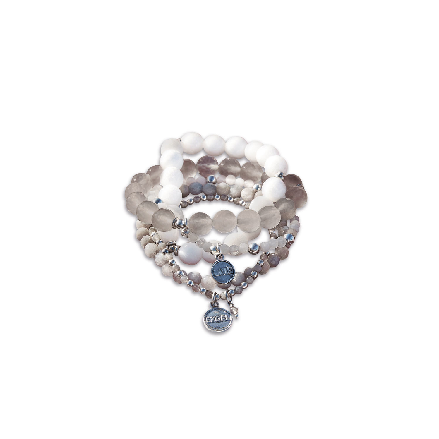 Set de 5 pulseras Chaim Conjunto de pulseras con piedras blancas y grises y dijes metálicos con inscripciones