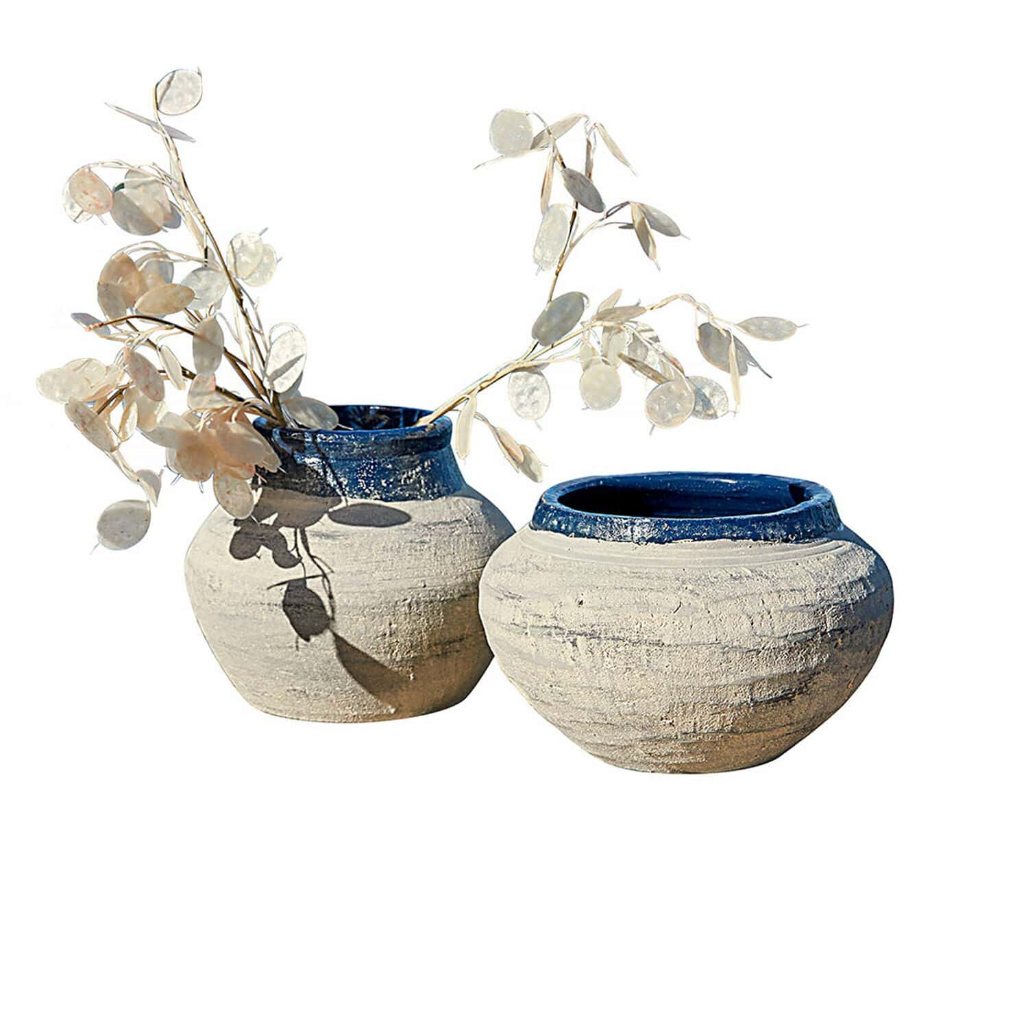 Set de 2 jarrones Dolciaro Dos jarrones de cerámica beige con borde azul, decoración elegante para el hogar