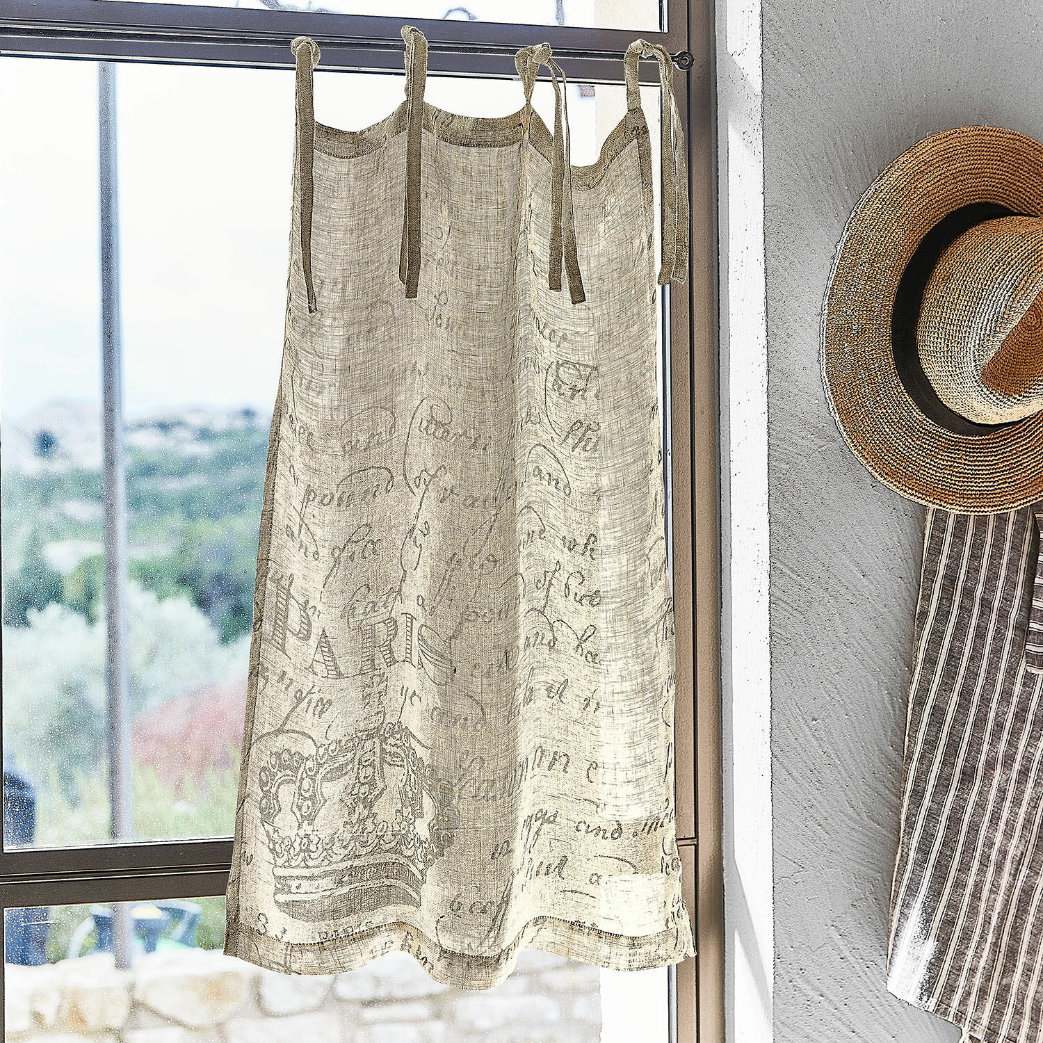 Visillo Fleurissant Cortina beige de lino con estampado de corona y texto París, decoración vintage para ventana
