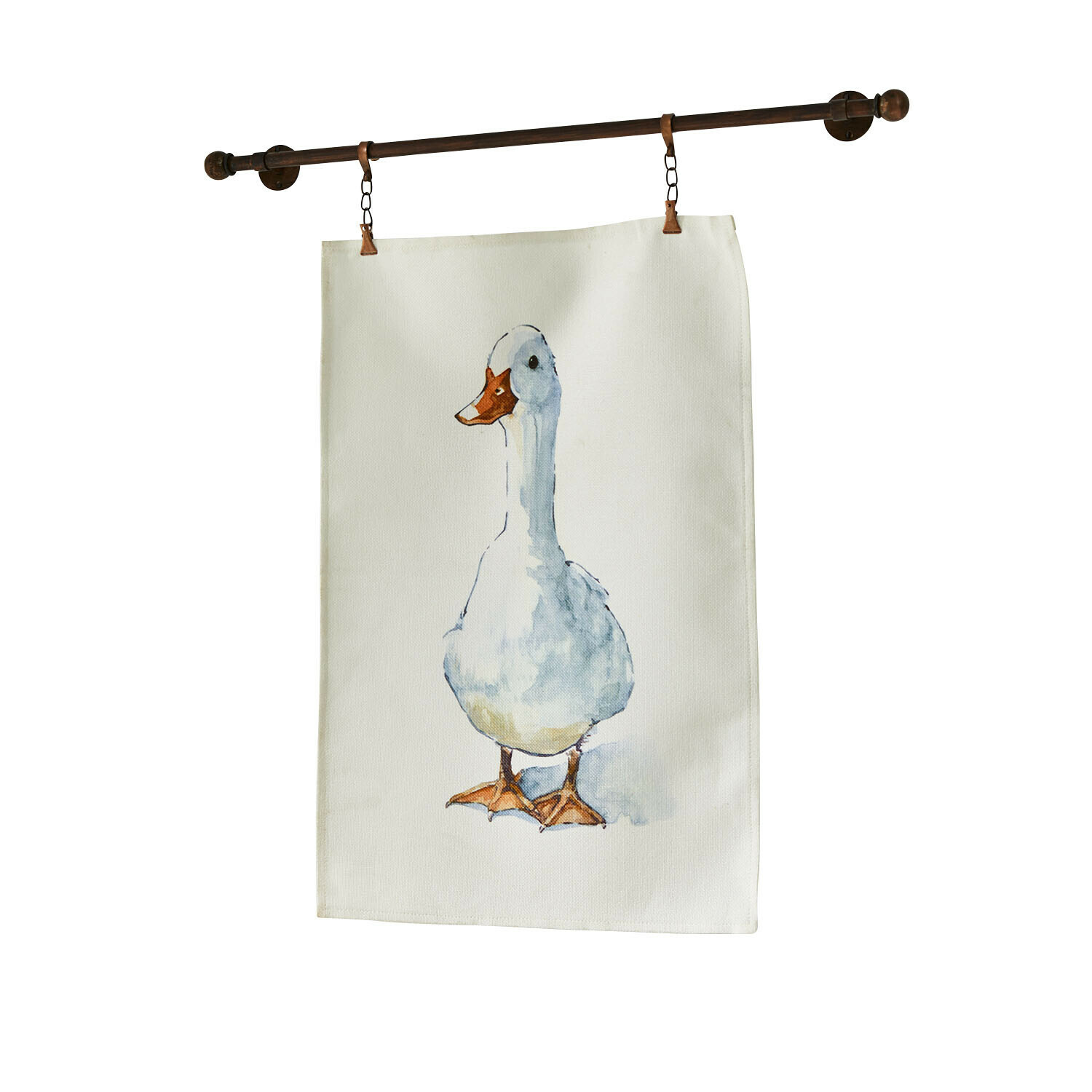 Cuadro Sunnyo Tela decorativa beige con impresión de un pato blanco colgada de una barra metálica