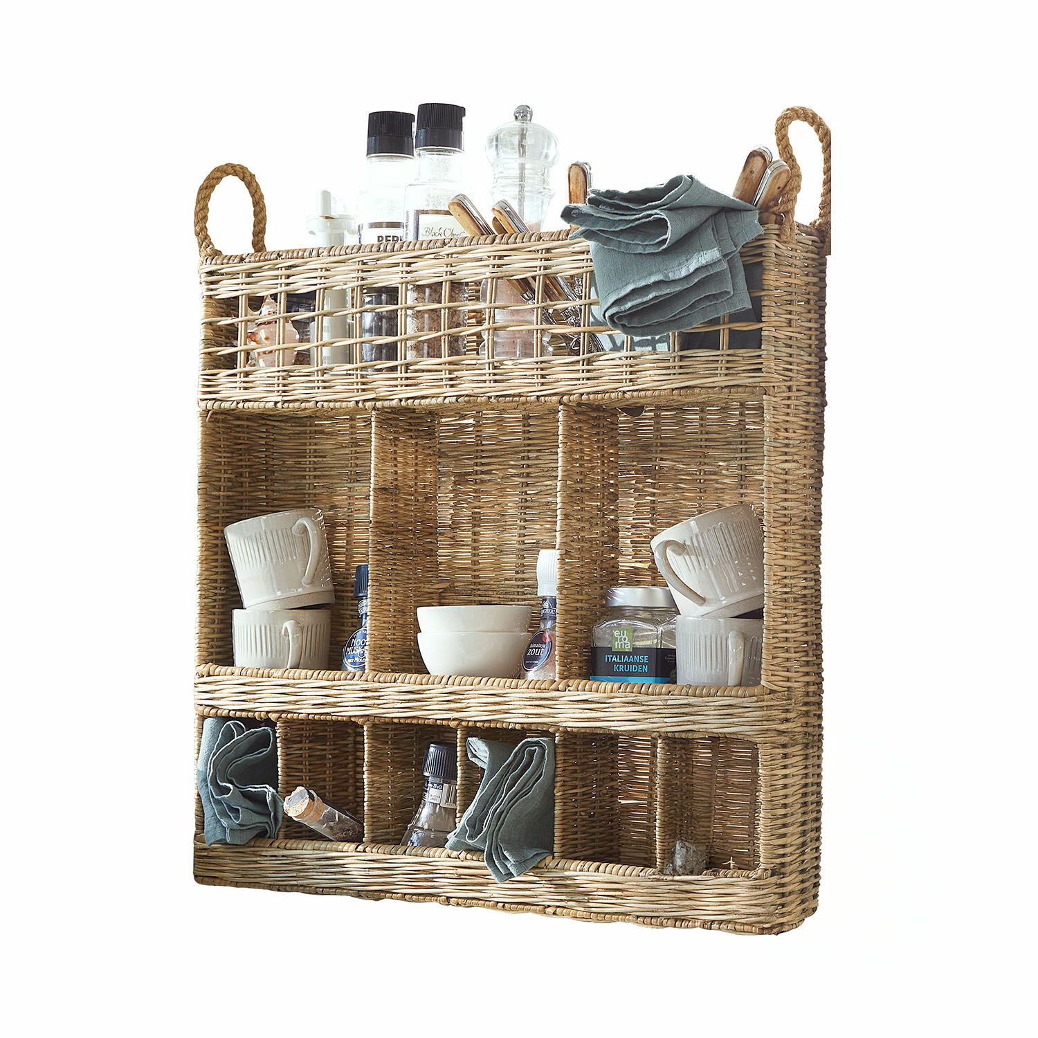 Estante Yilvento Estante de pared de mimbre con compartimentos para especias, tazas y paños de cocina