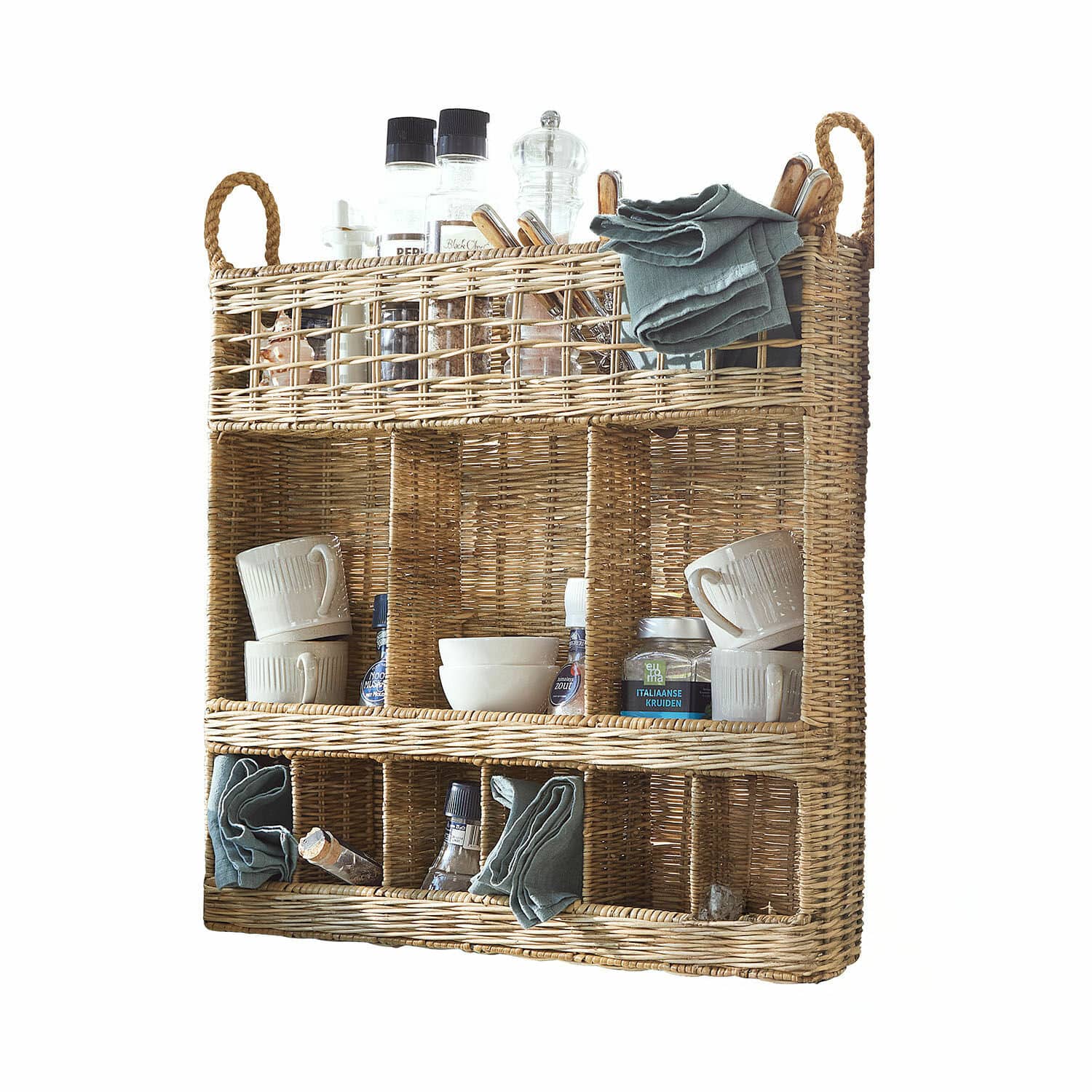 Estante Yilvento Estante de pared de mimbre con compartimentos para especias, tazas y paños de cocina