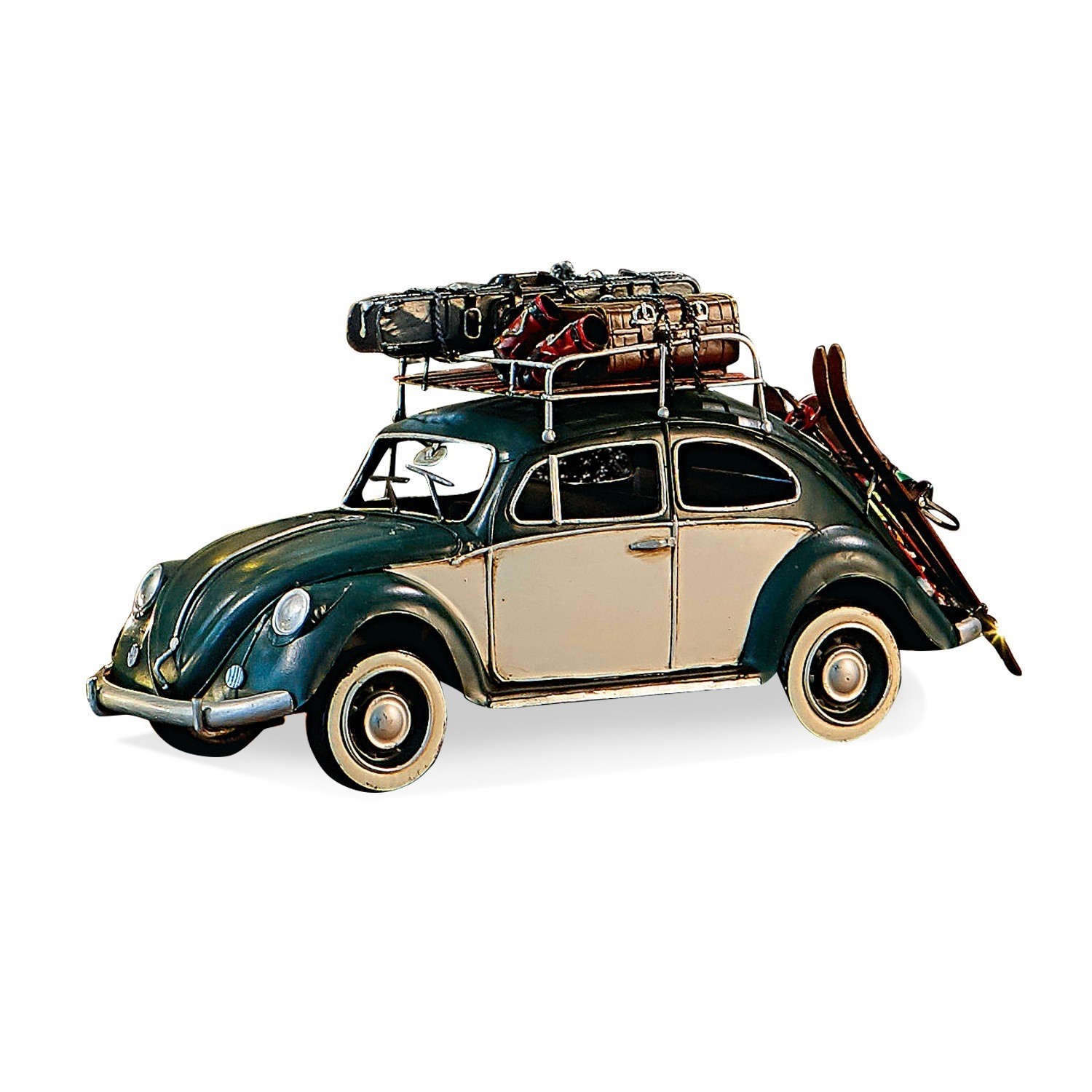 Coche decorativo Dawlish Modelo metálico de coche clásico verde y beige con equipaje y esquís en el techo