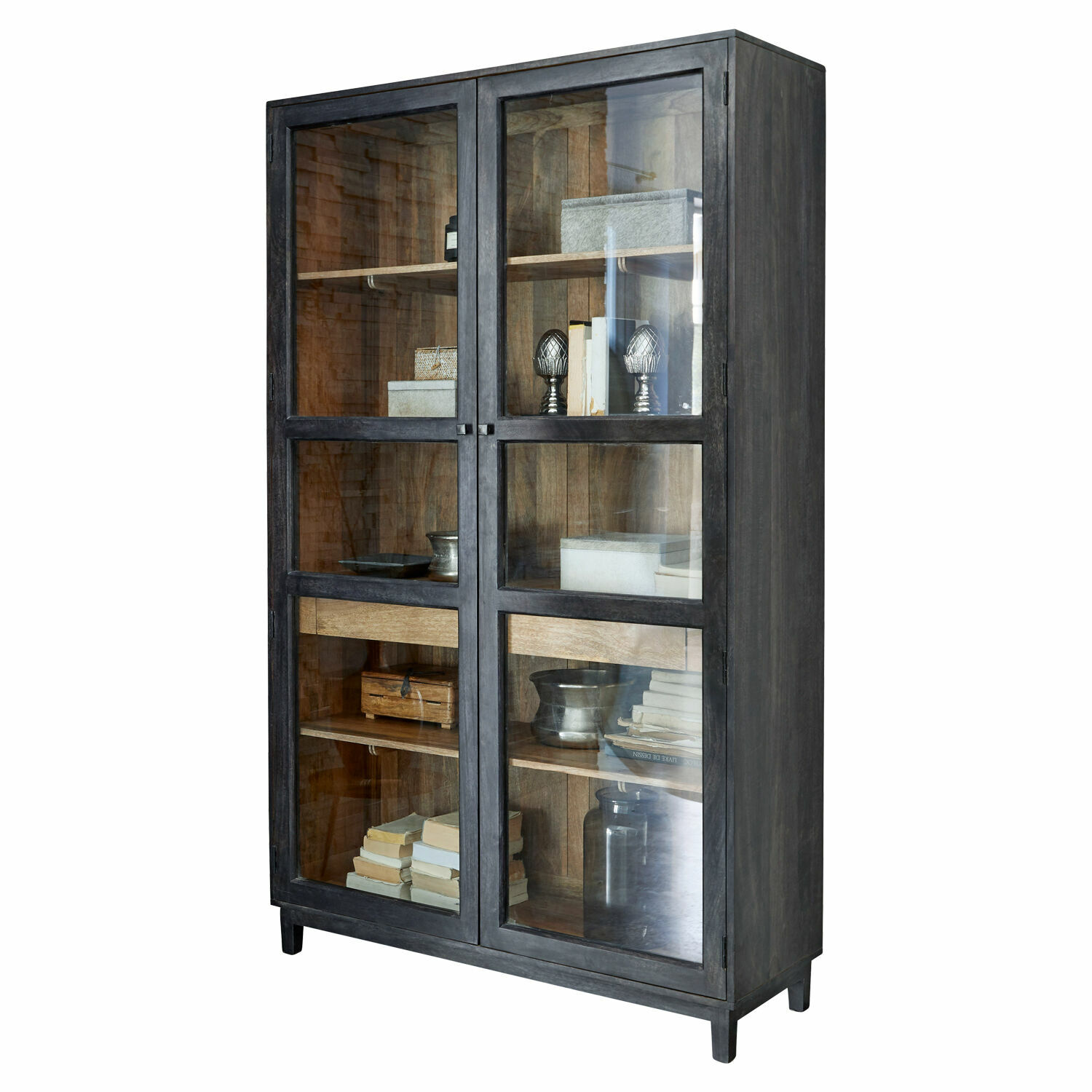 Armario Altagracia Vitrina negra de metal con puertas de vidrio y estantes de madera para libros y decoración