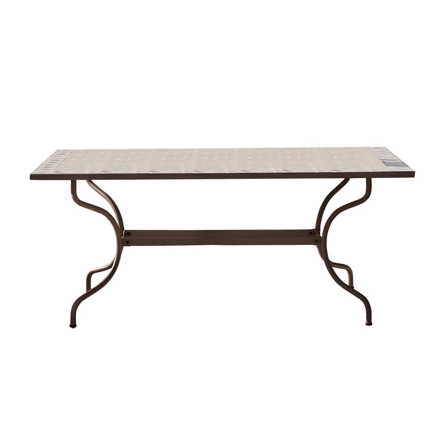 Mesa Labaroche Mesa de jardín con base metálica marrón y tablero claro de mosaico, mueble exterior