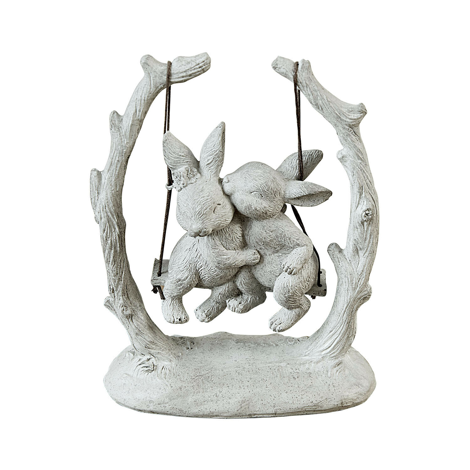 Conejos Nivelles Figura de piedra gris con dos conejos en un columpio de ramas, decoración para jardín