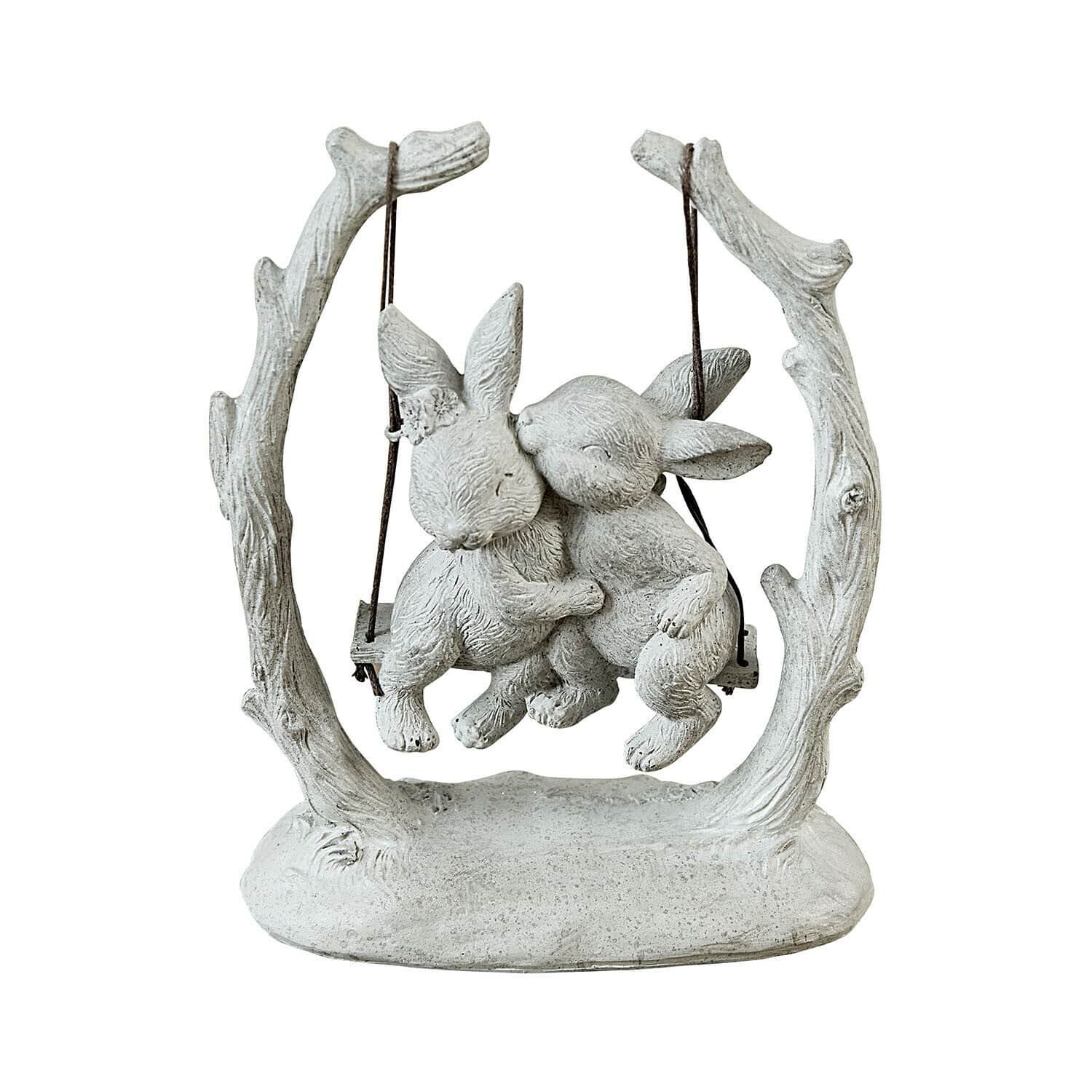 Conejos Nivelles Figura de piedra gris con dos conejos en un columpio de ramas, decoración para jardín